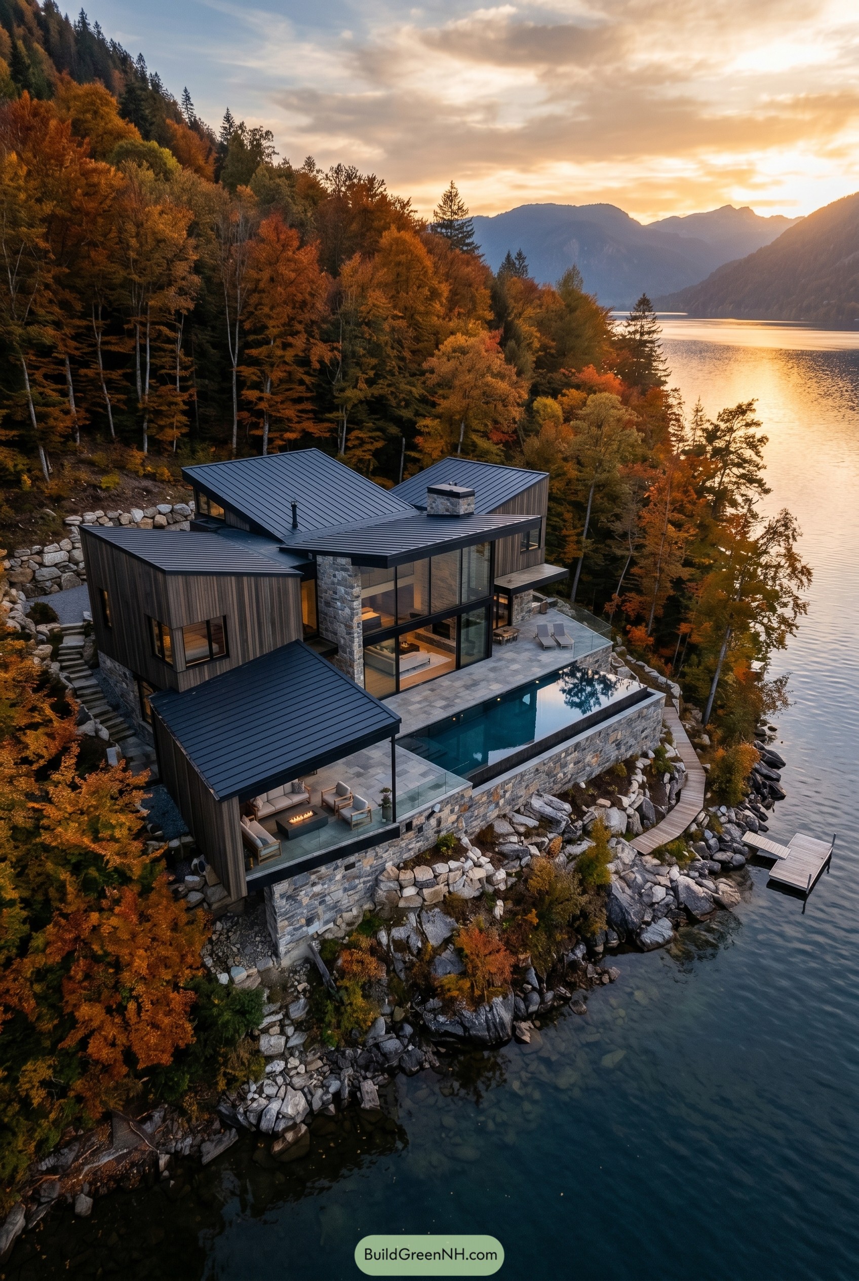 Modern lakeside getaway with black angular roofs