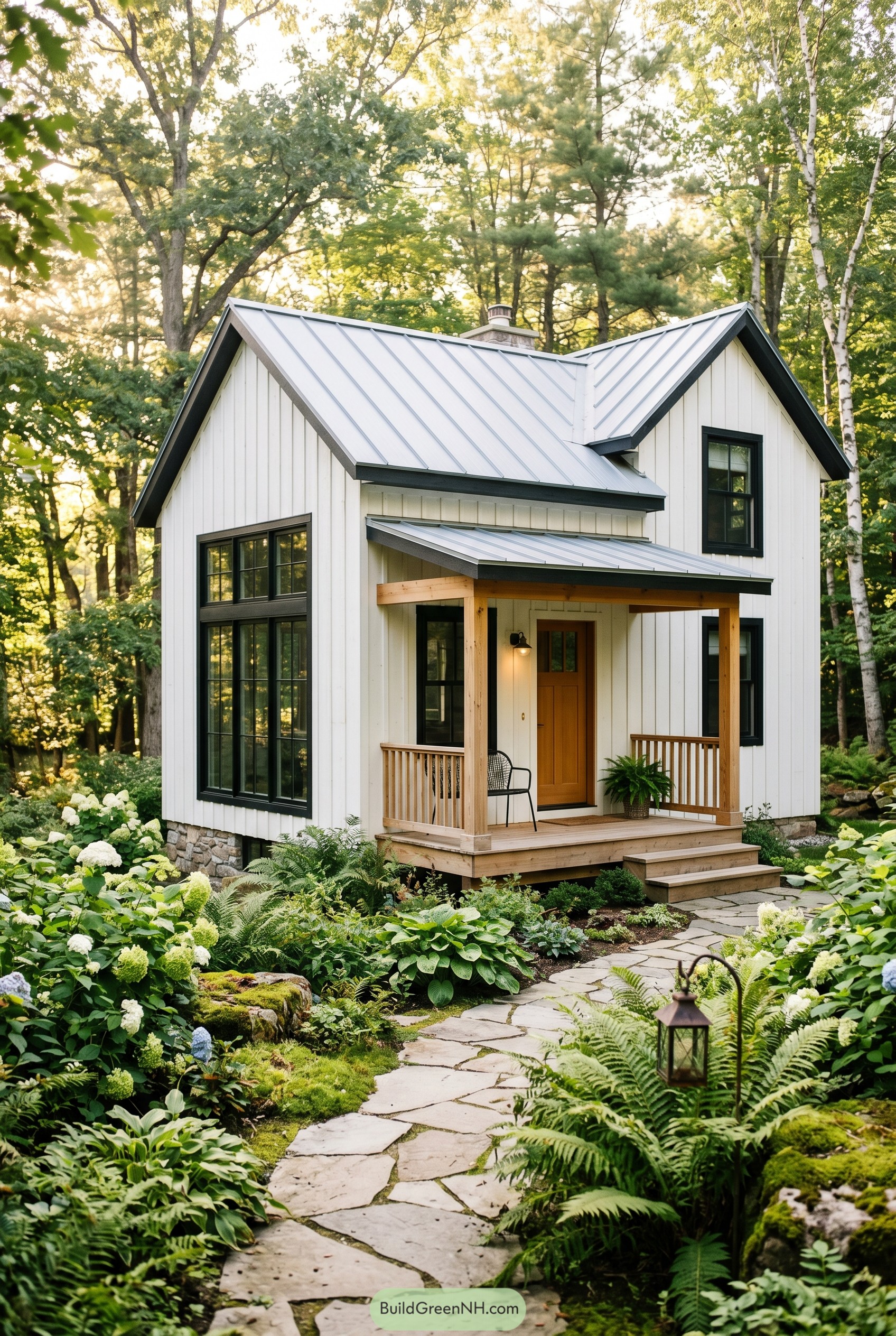 White farmhouse with metal roof in woods
