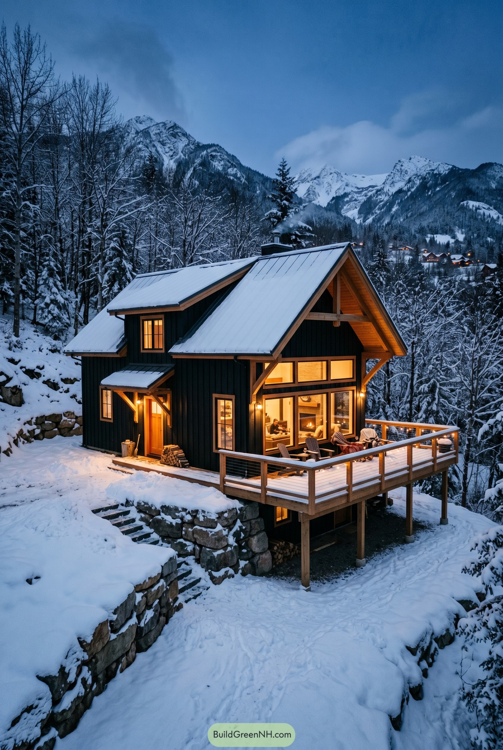 Black farmhouse cabin in snowy mountains