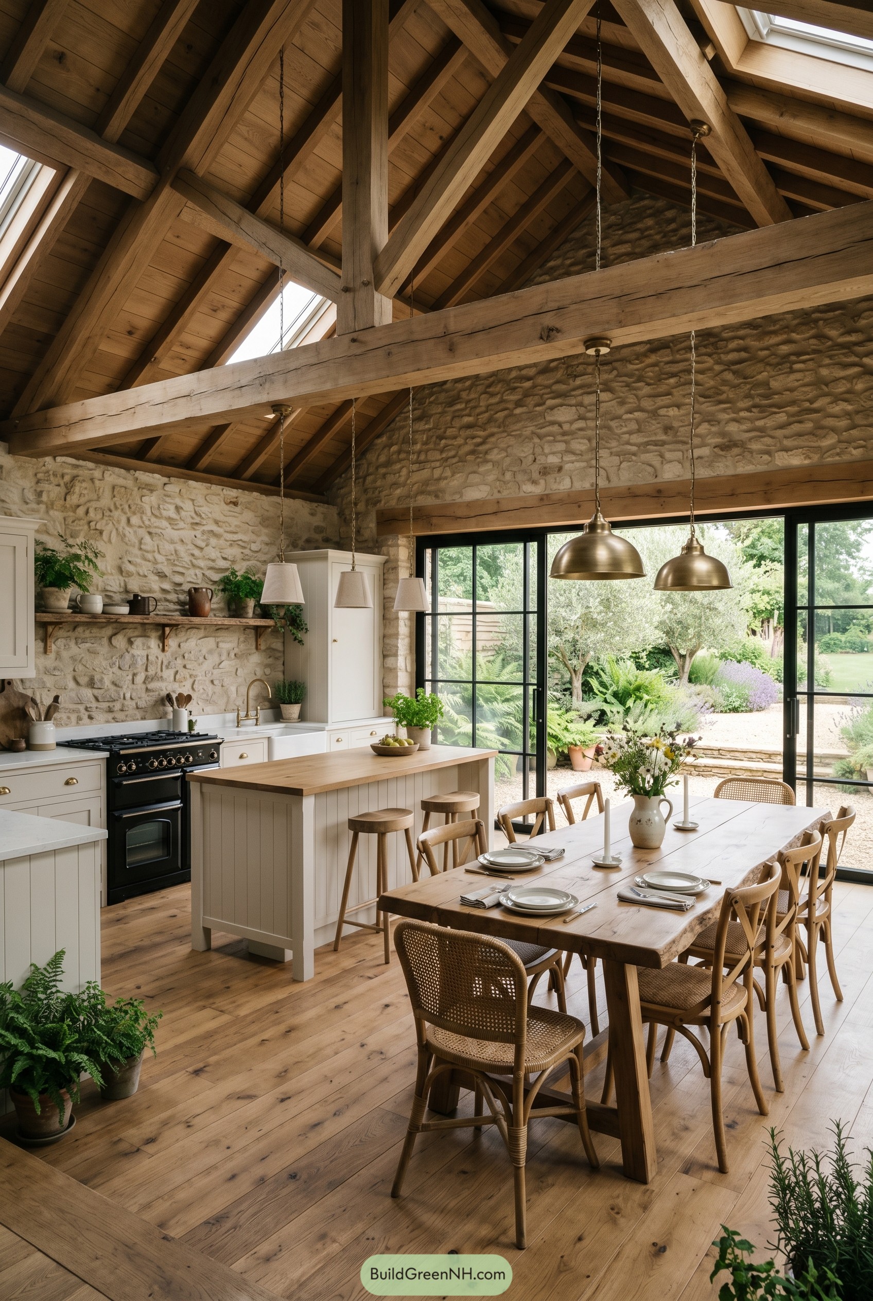 Vaulted farmhouse kitchen with timber trusses and garden doors