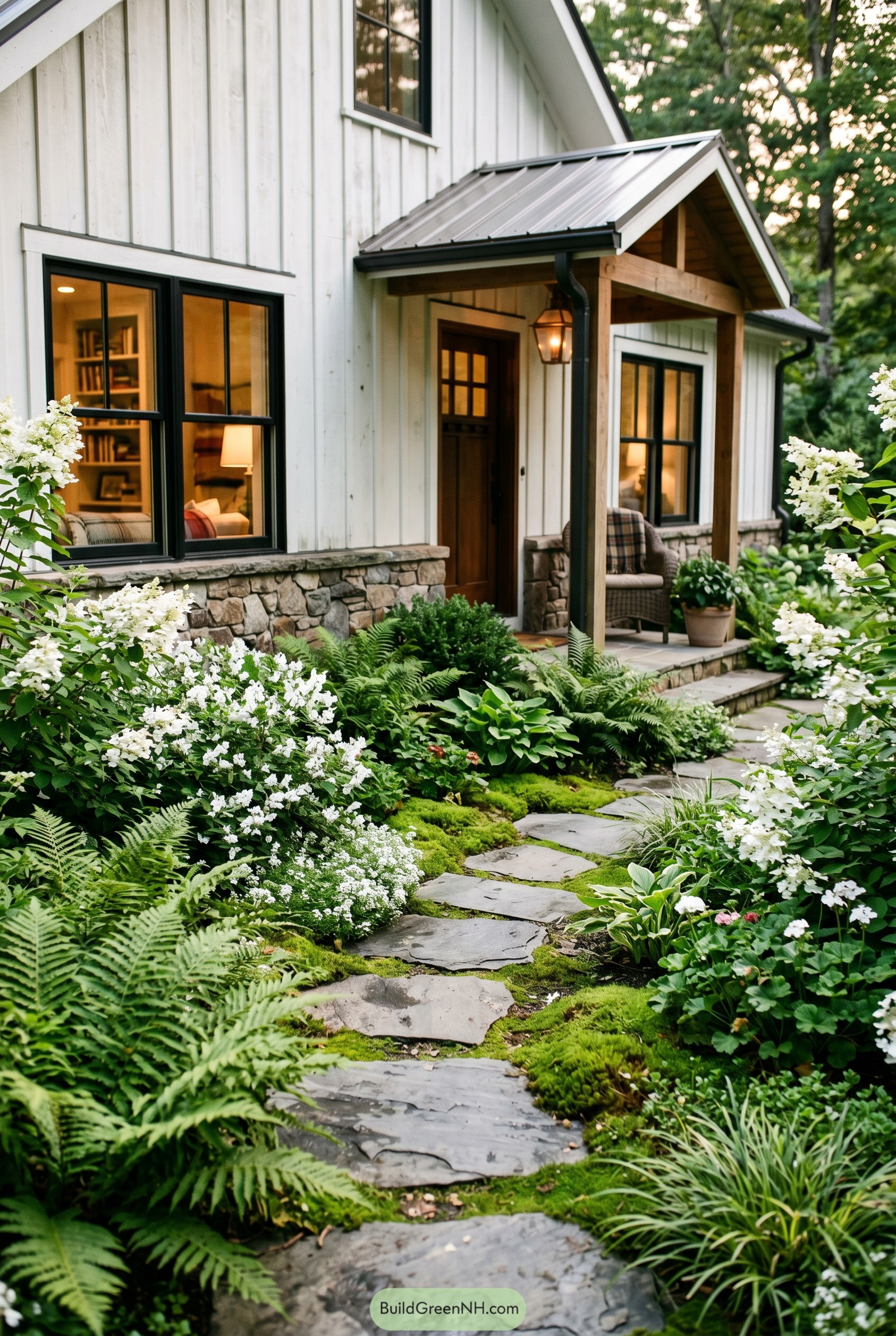 White farmhouse entry with lush garden path