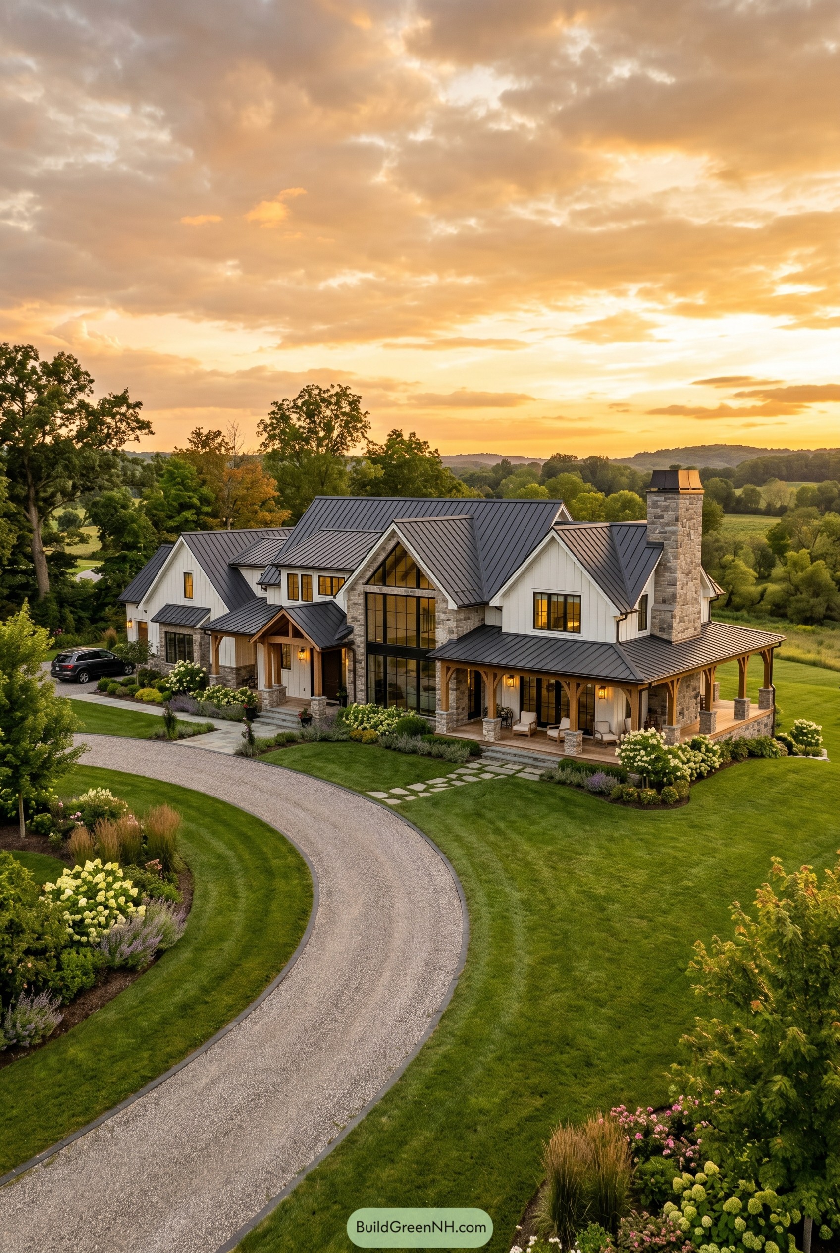 Modern farmhouse with metal roof at sunset