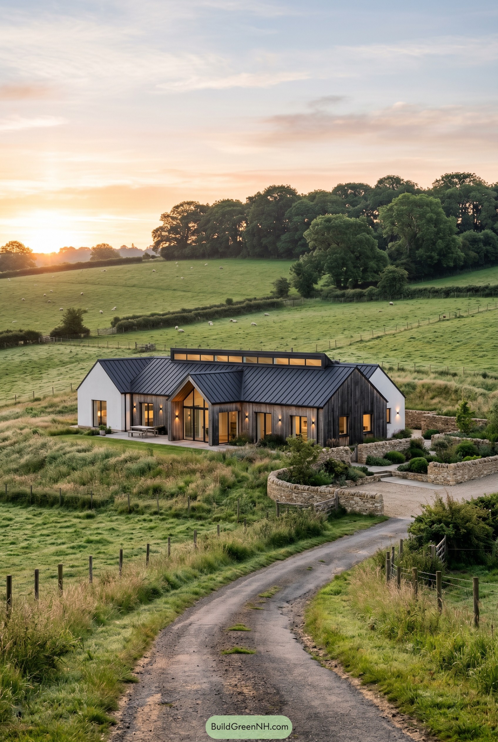 Modern farmhouse with black roof in rolling pasture