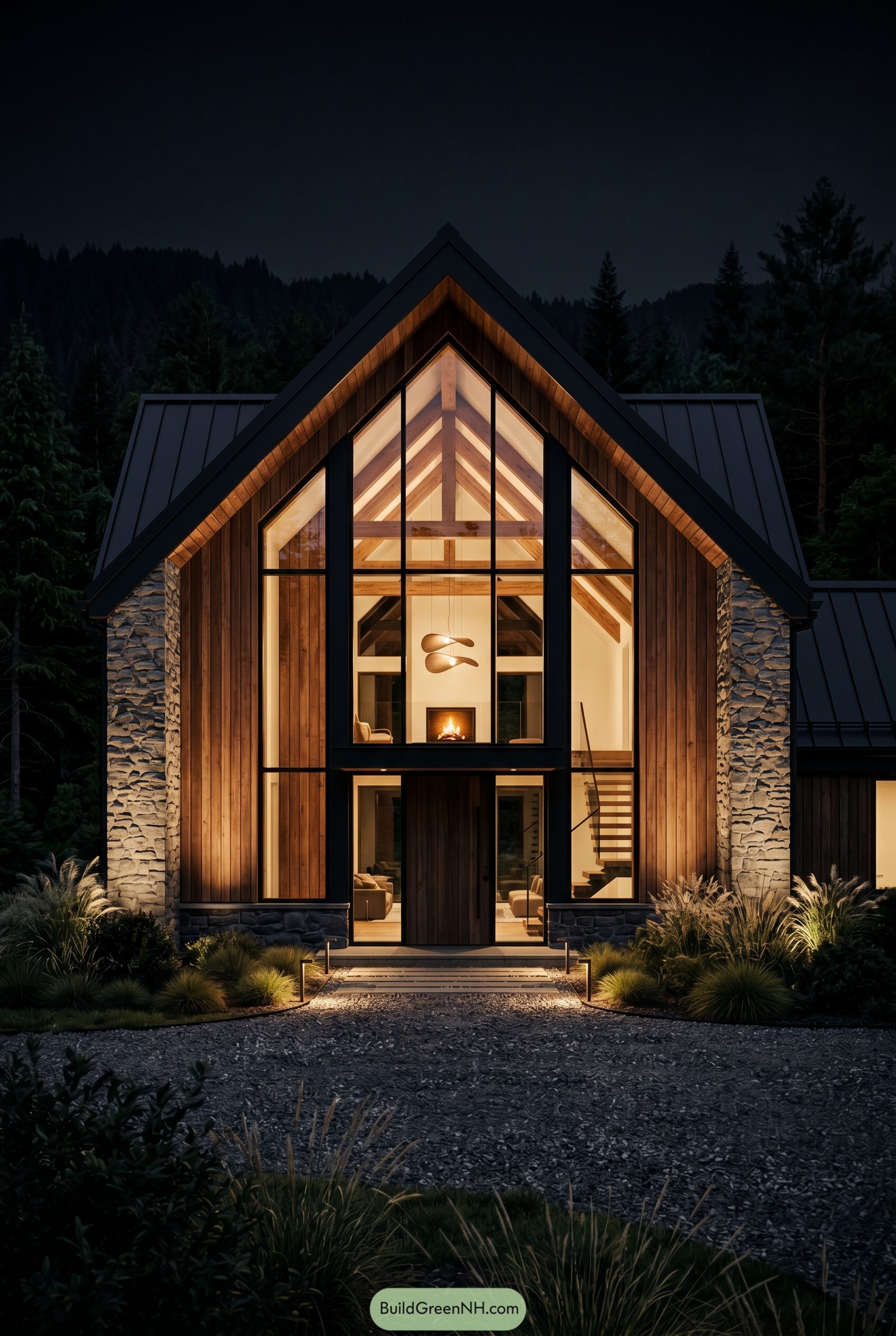 Modern gabled farmhouse glowing at night