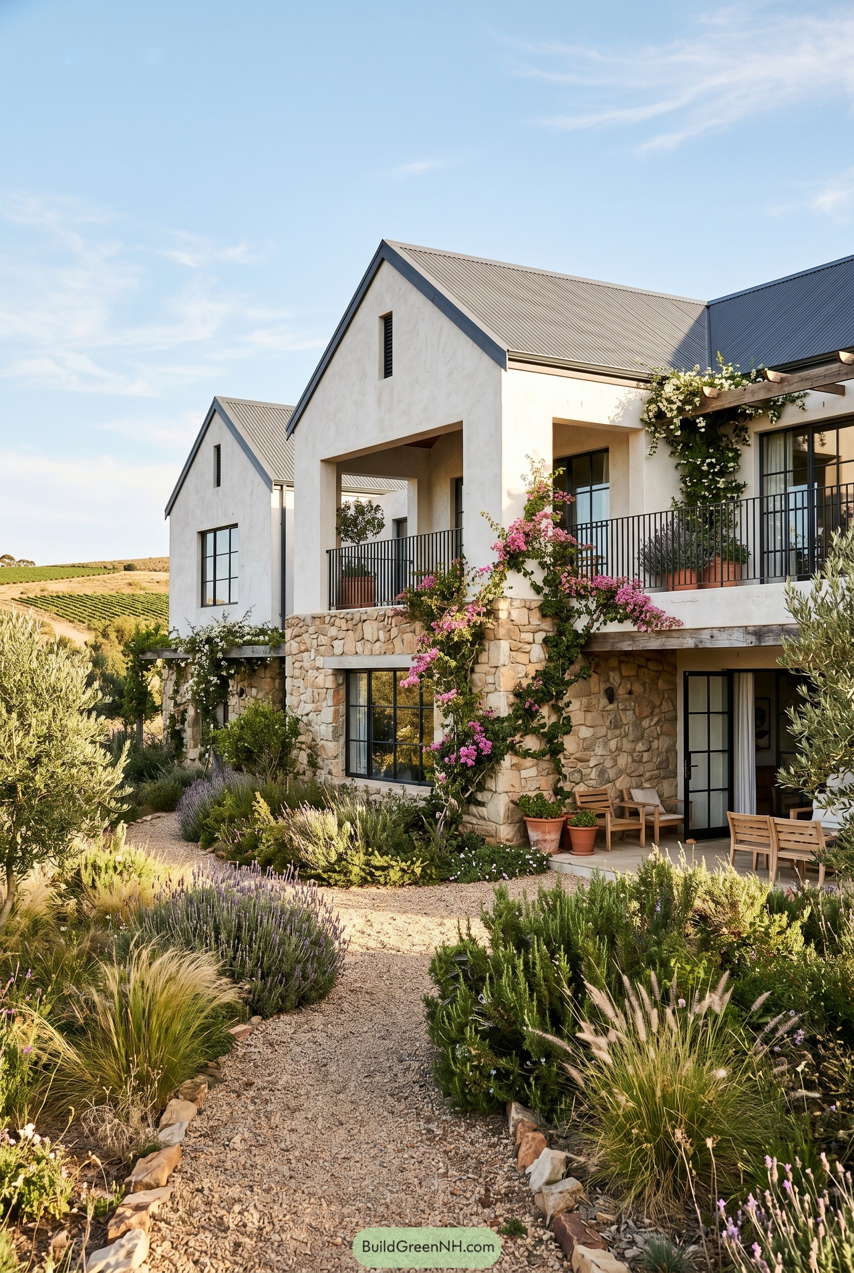 Stone farmhouse with gabled metal roofs and garden