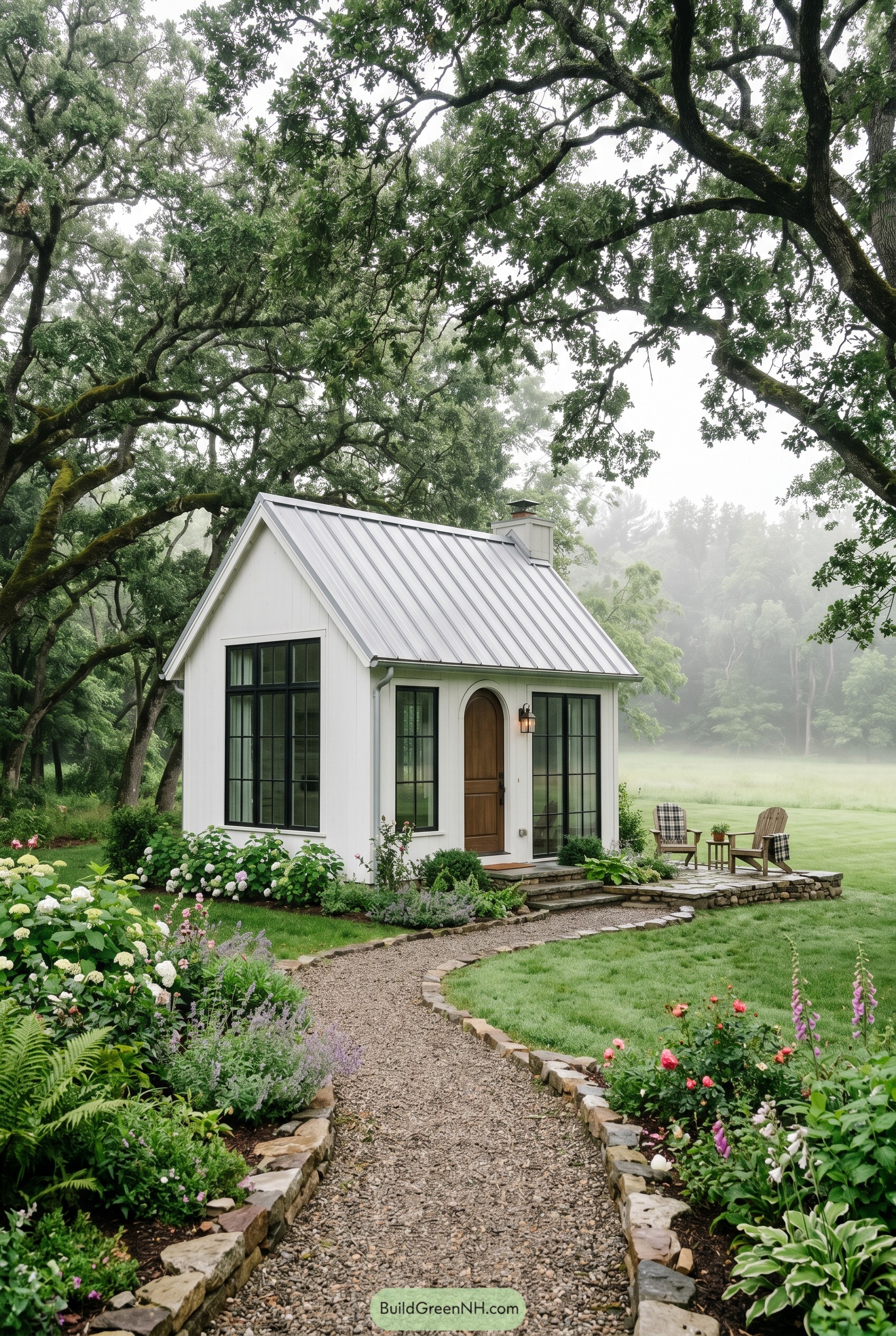 White cottage with metal roof beneath oaks