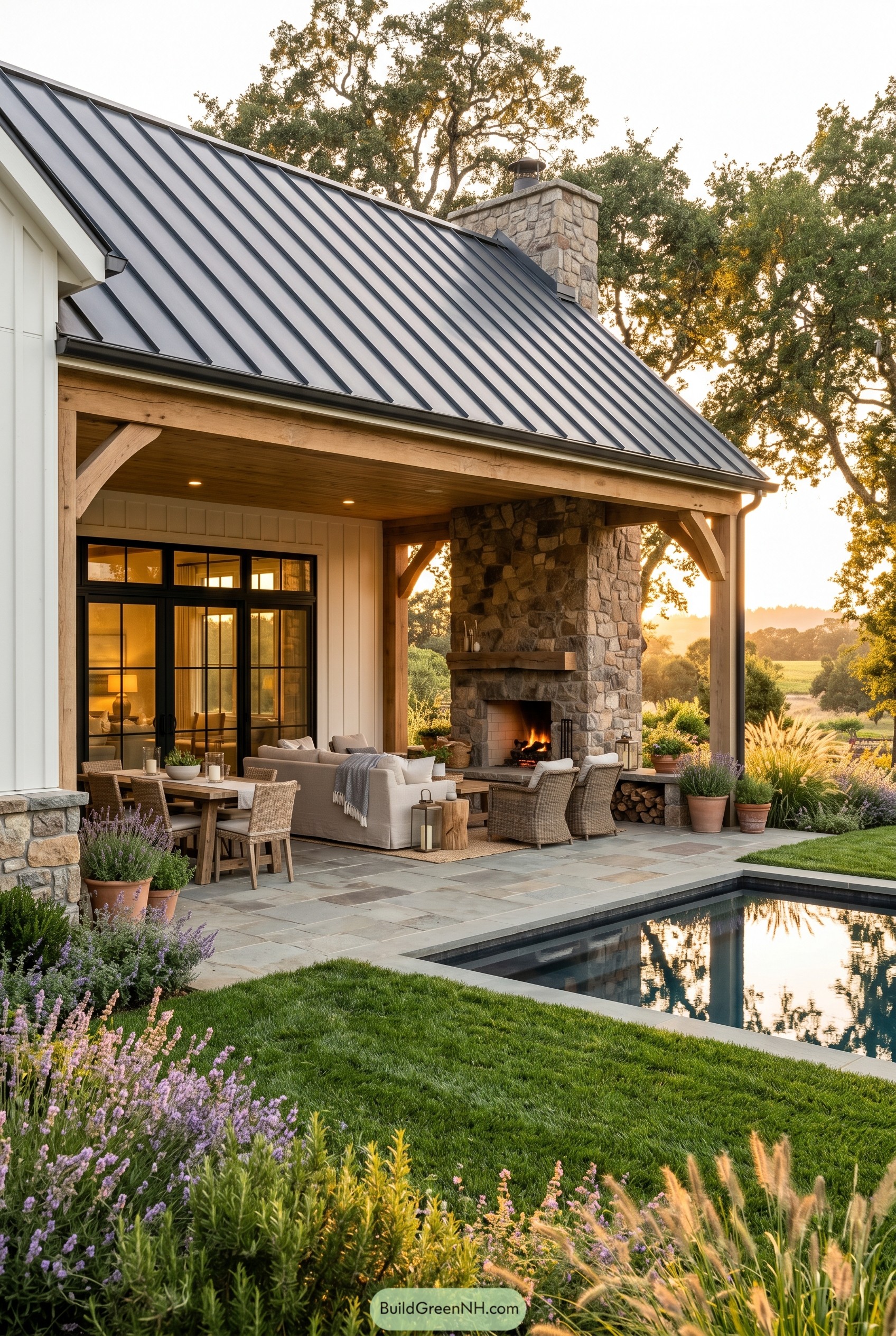 Covered farmhouse patio with pool and fireplace