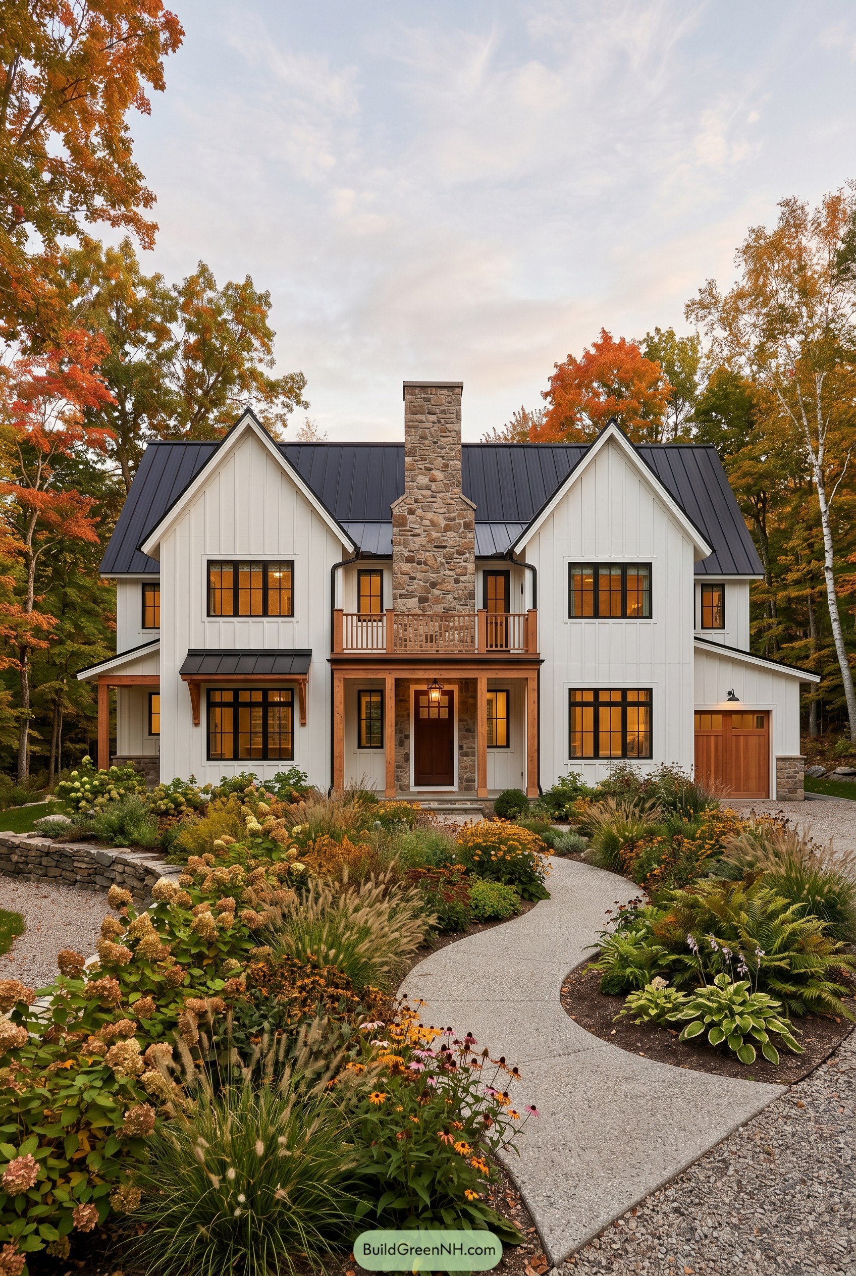 White farmhouse with black metal roof and stone chimney