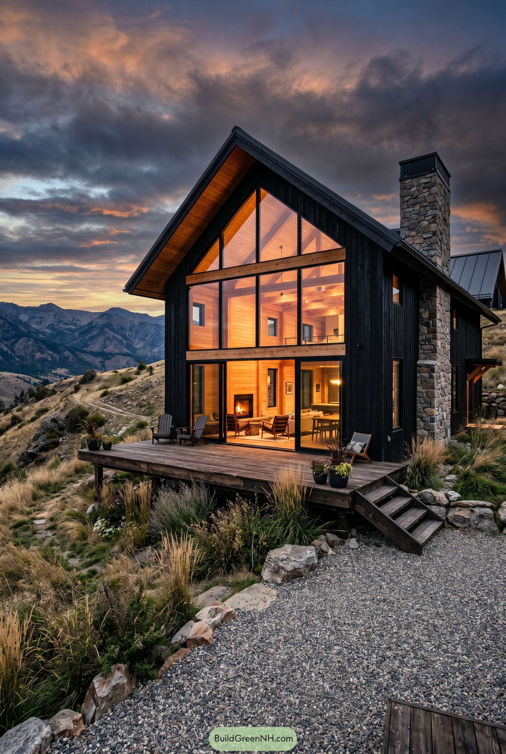 Black gabled farmhouse with mountain views