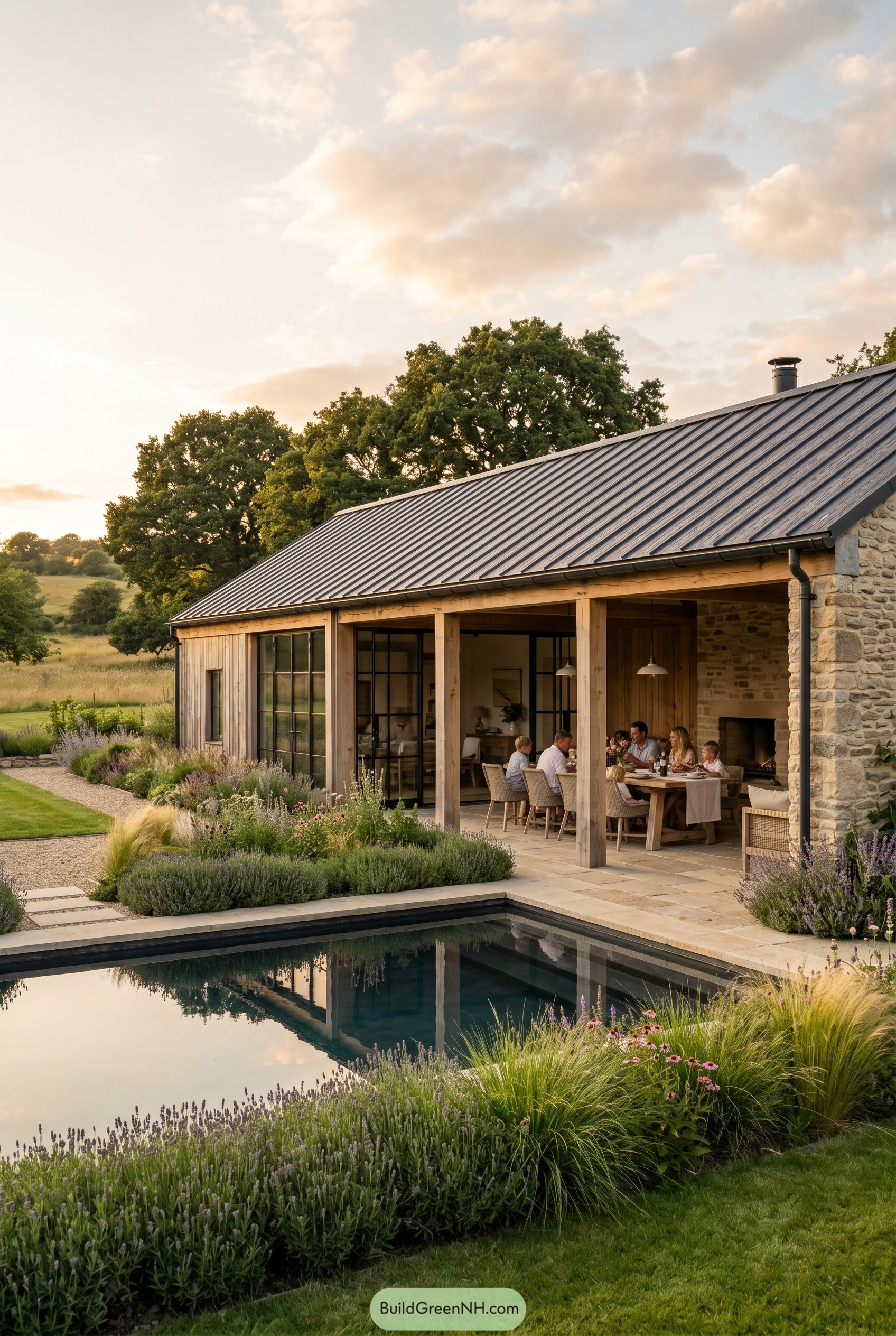 Contemporary farmhouse with poolside covered patio