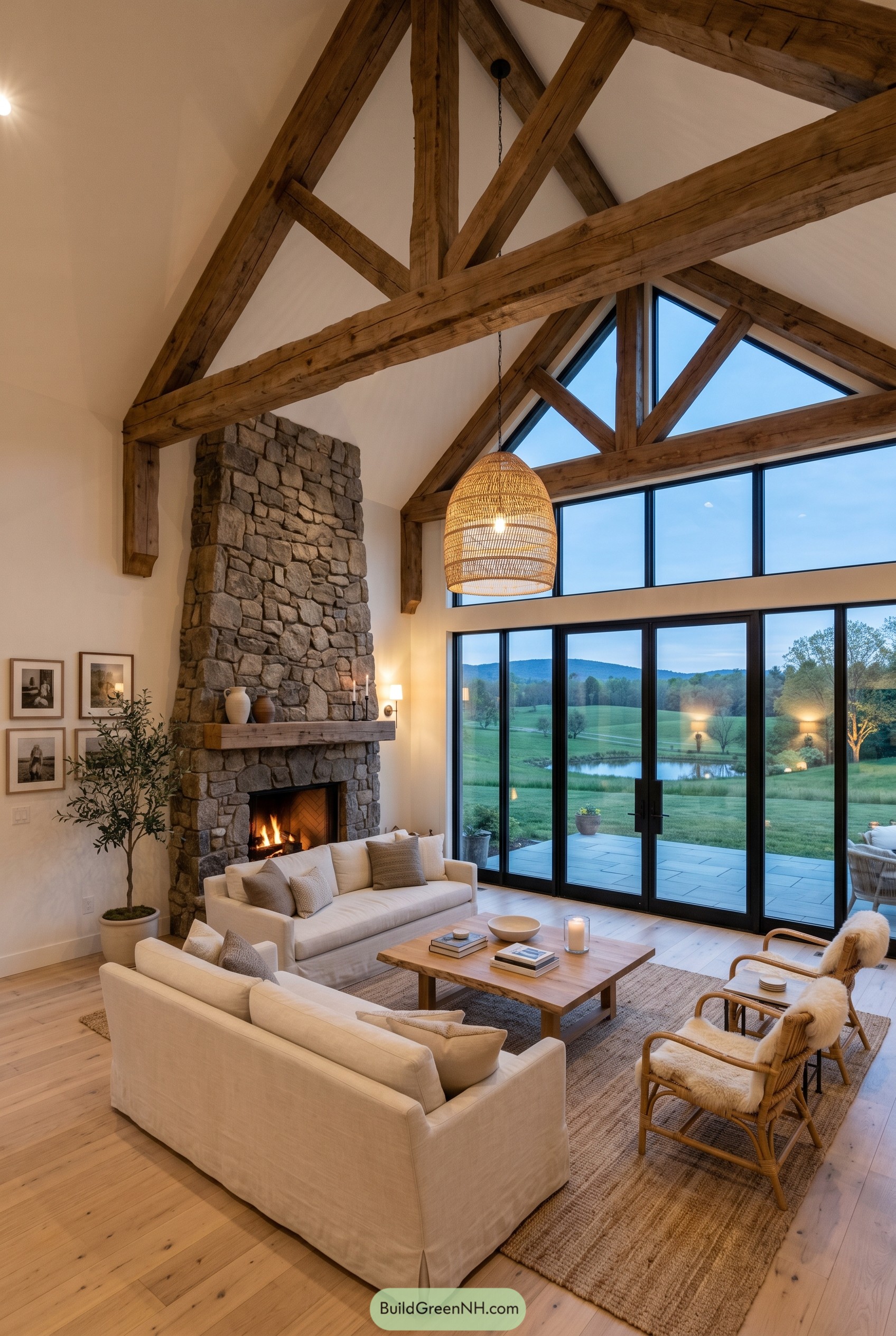 Vaulted farmhouse living room with beams and fireplace