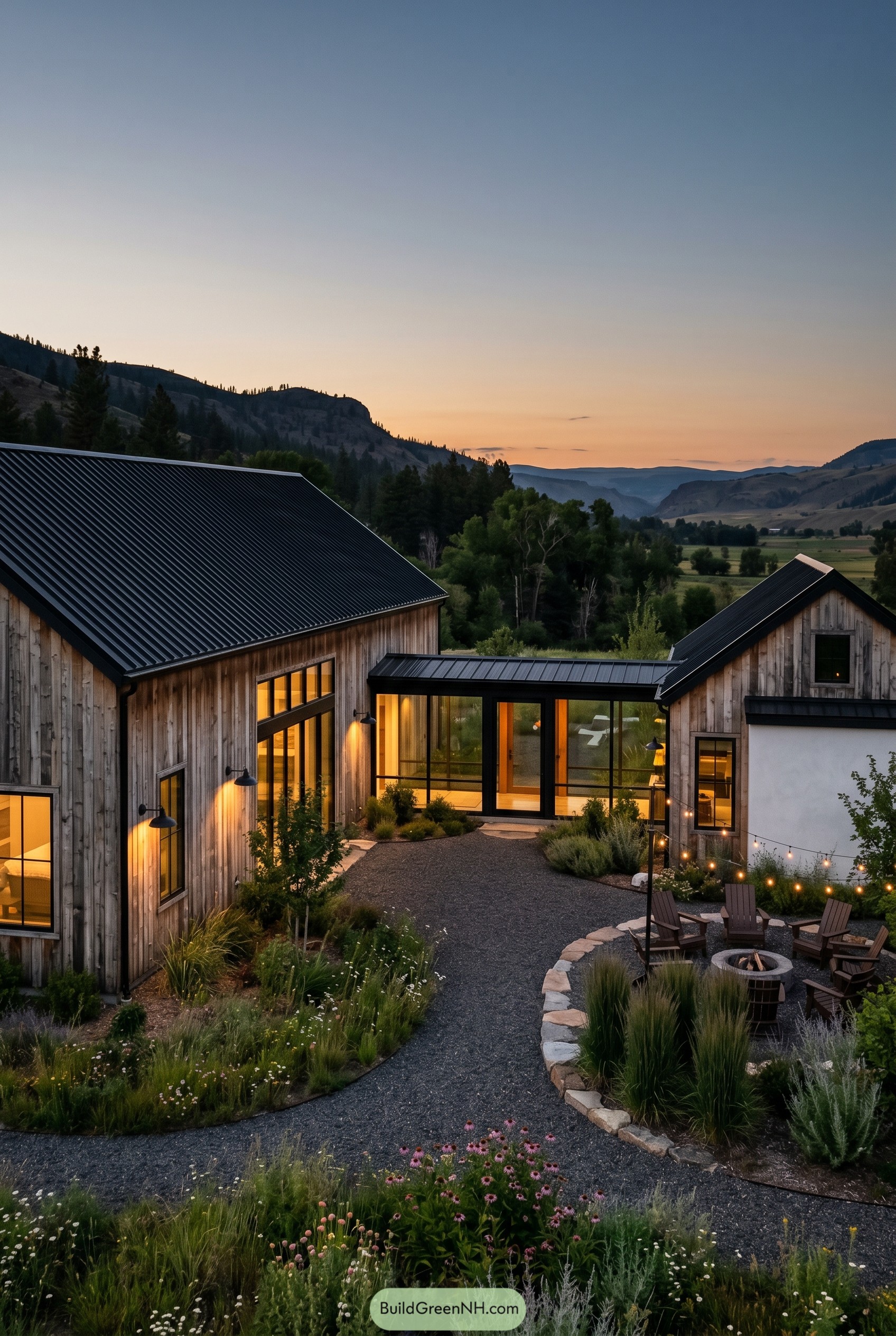 Modern farmhouse courtyard at sunset