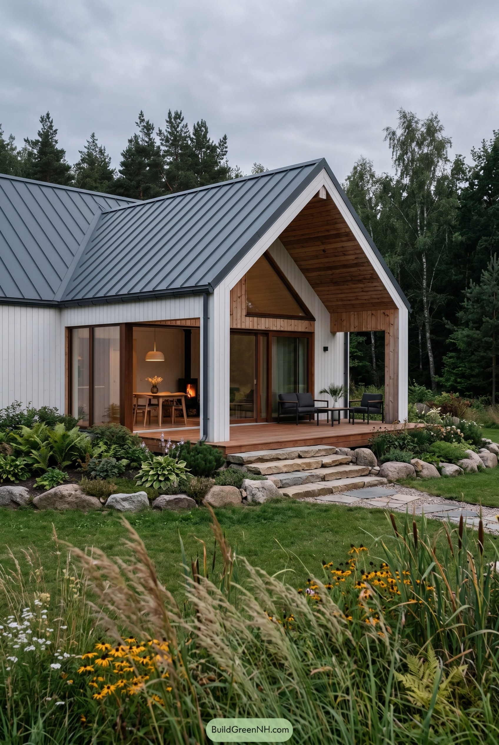White farmhouse with gray roof and garden porch