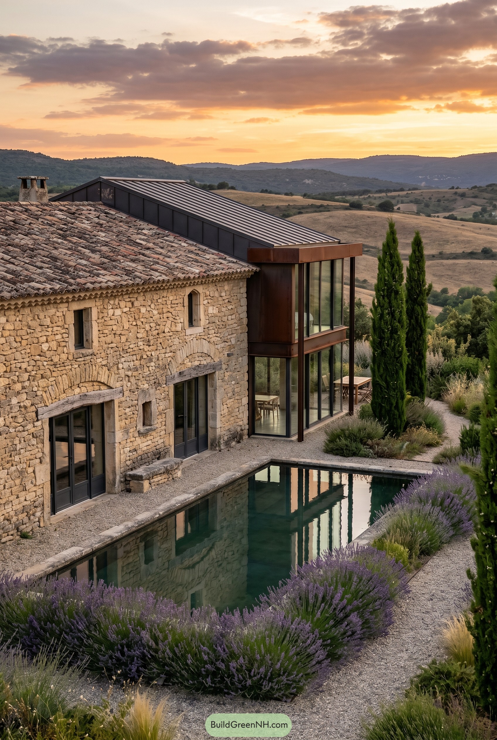 Stone farmhouse with glass addition and pool
