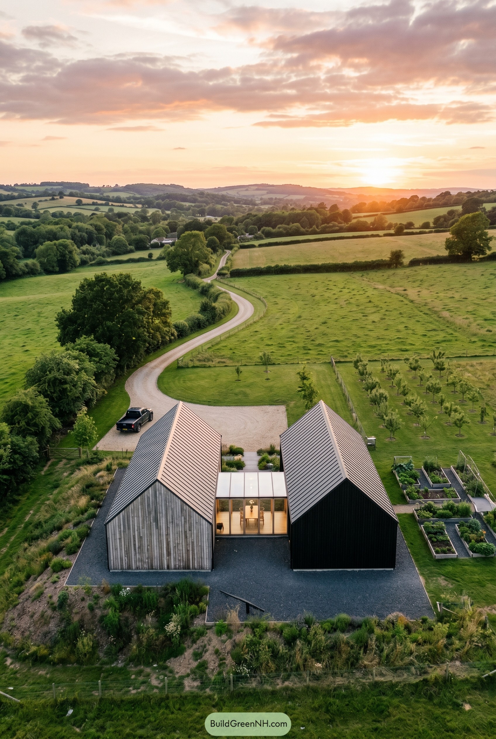 Twin barn farmhouse with glass connector and gardens