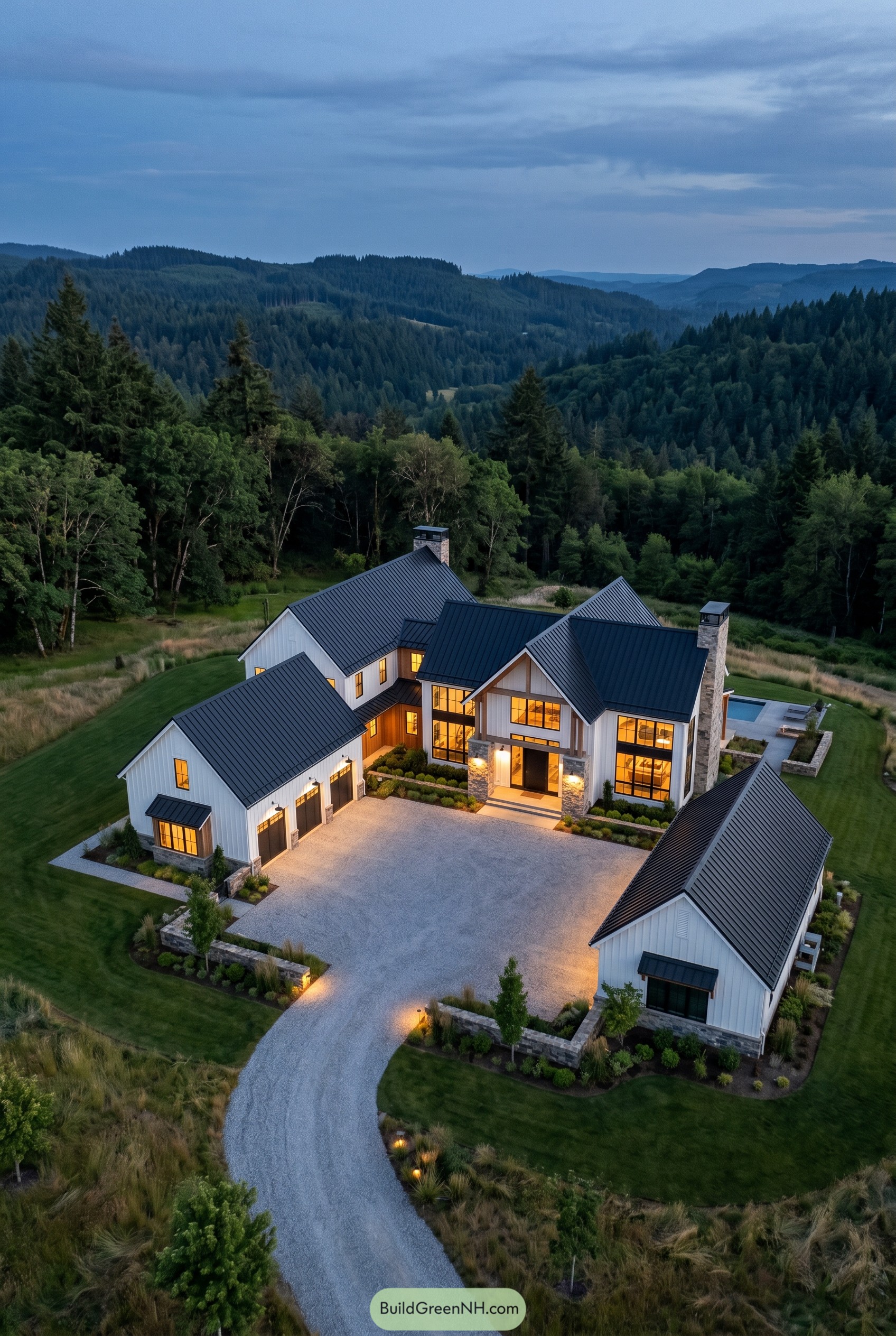 Aerial view of a modern farmhouse in forested hills