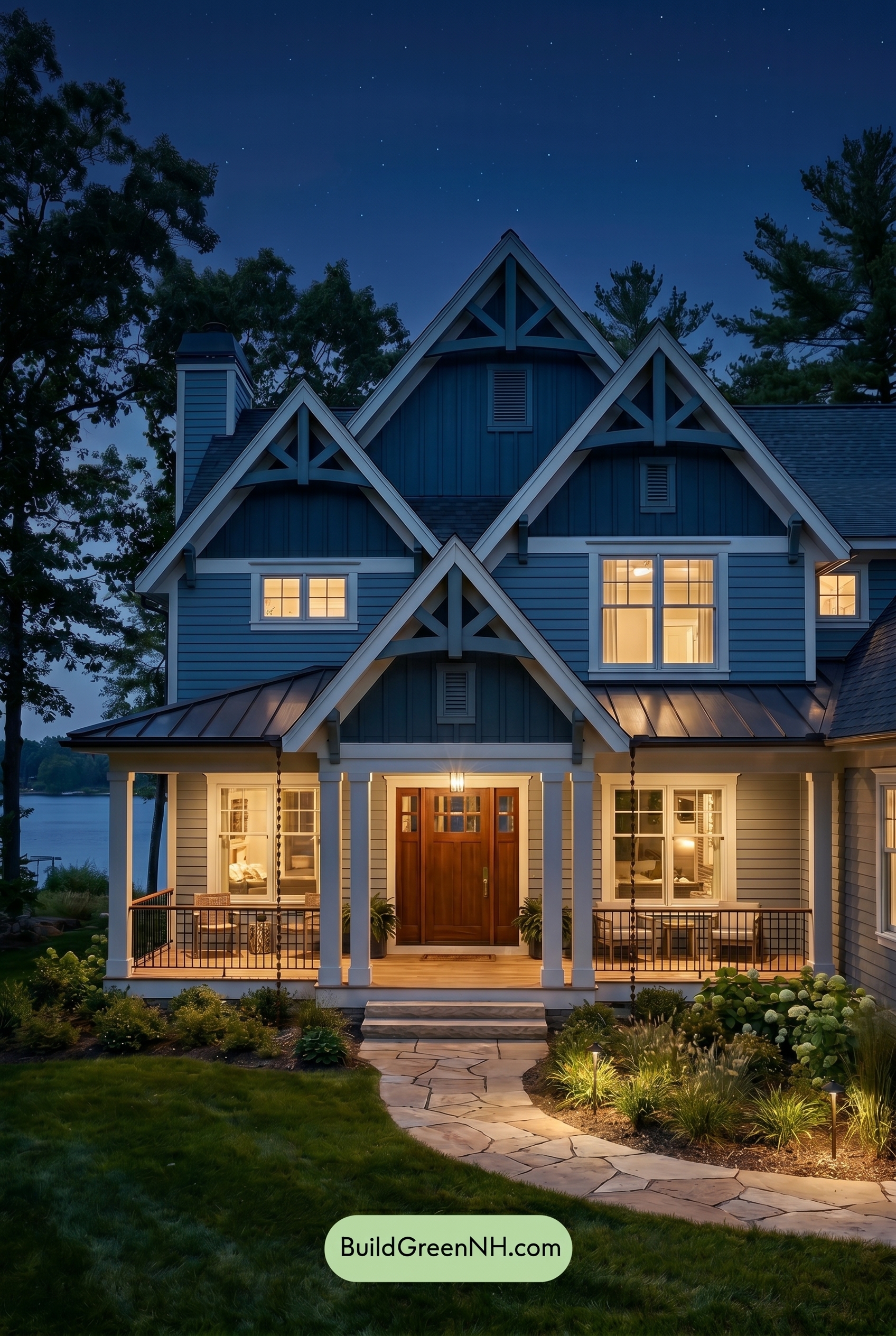 Craftsman Blue Exterior Color Scheme: Clear Blue Porch - Nighttime
