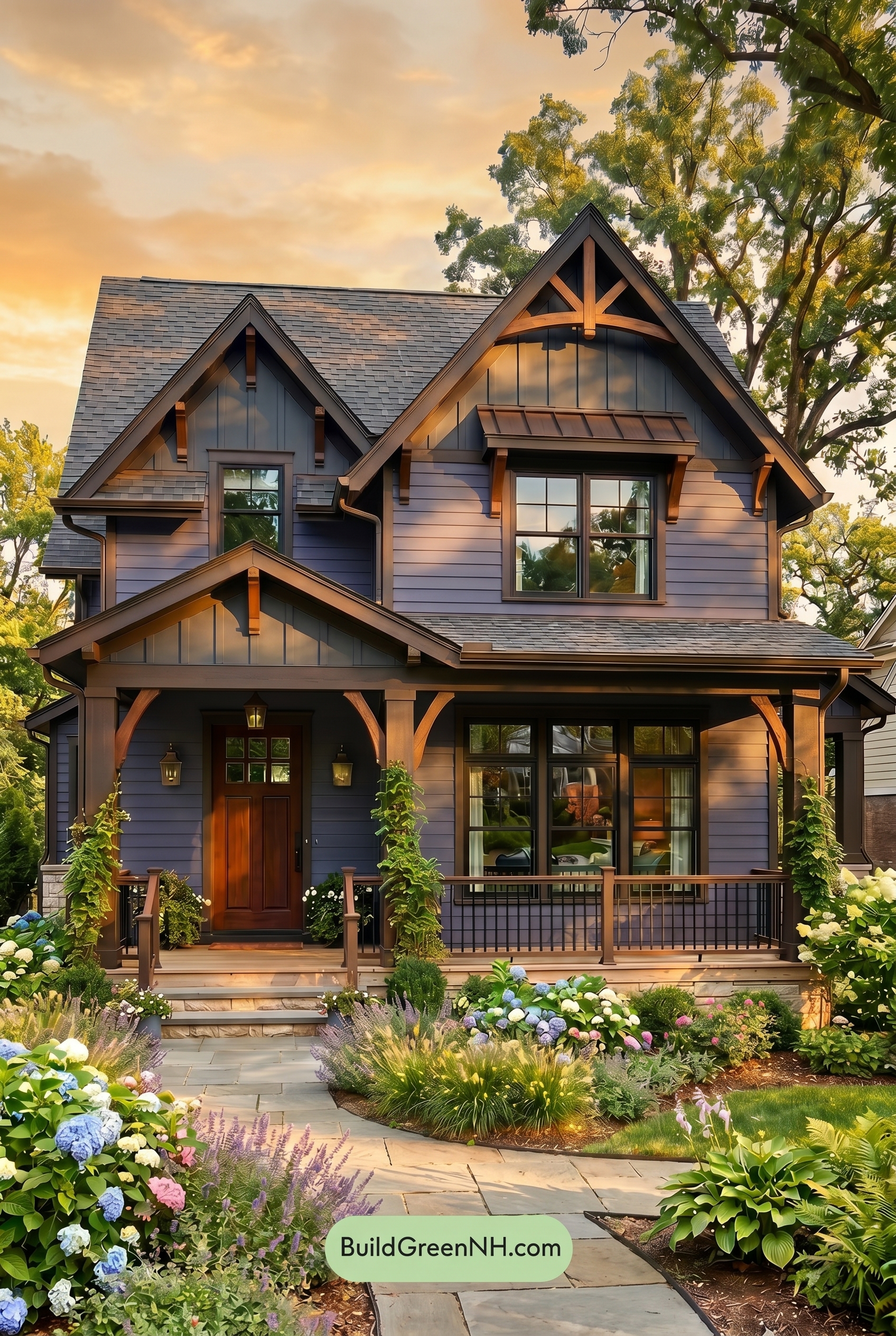 Craftsman Blue Exterior Color Scheme: Indigo Chestnut Glow - Golden Hour