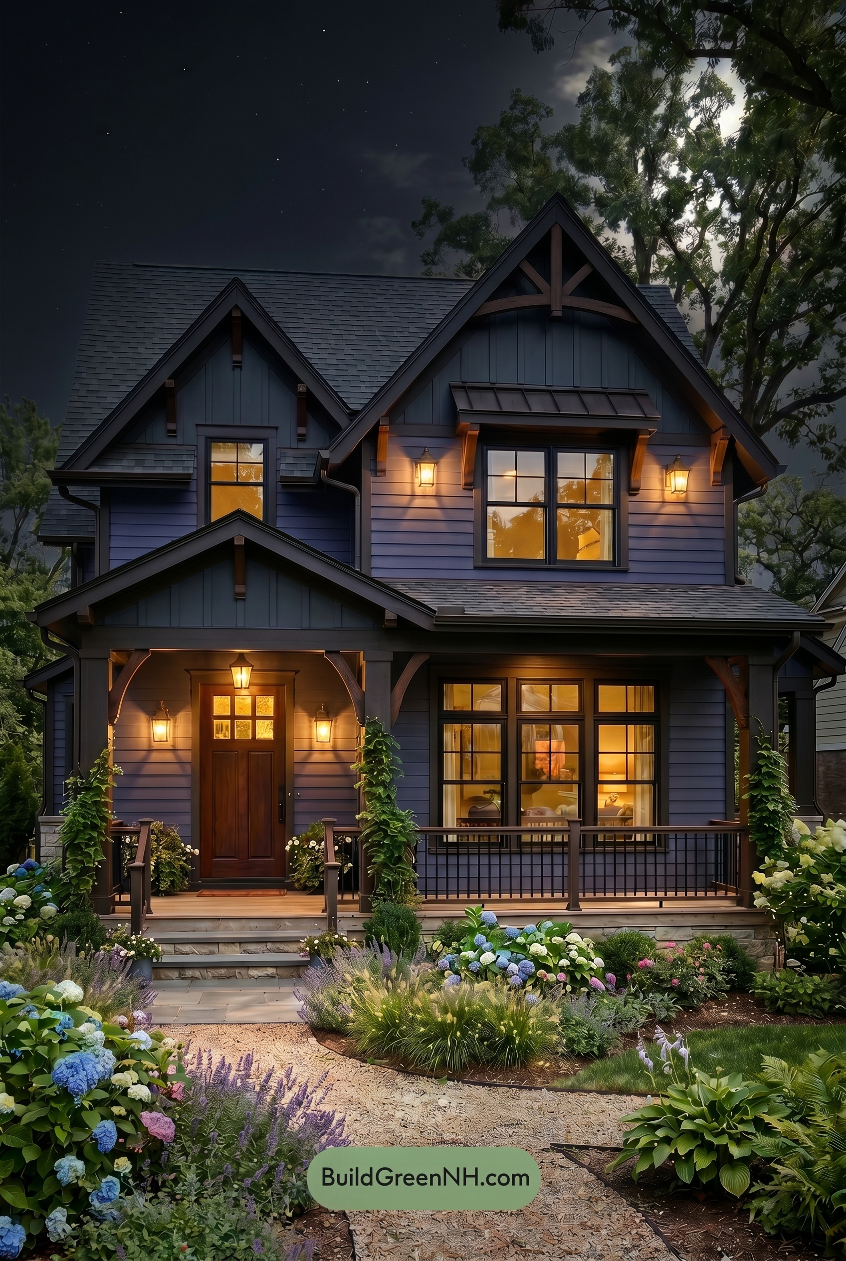 Craftsman Blue Exterior Color Scheme: Indigo Chestnut Glow - Nighttime