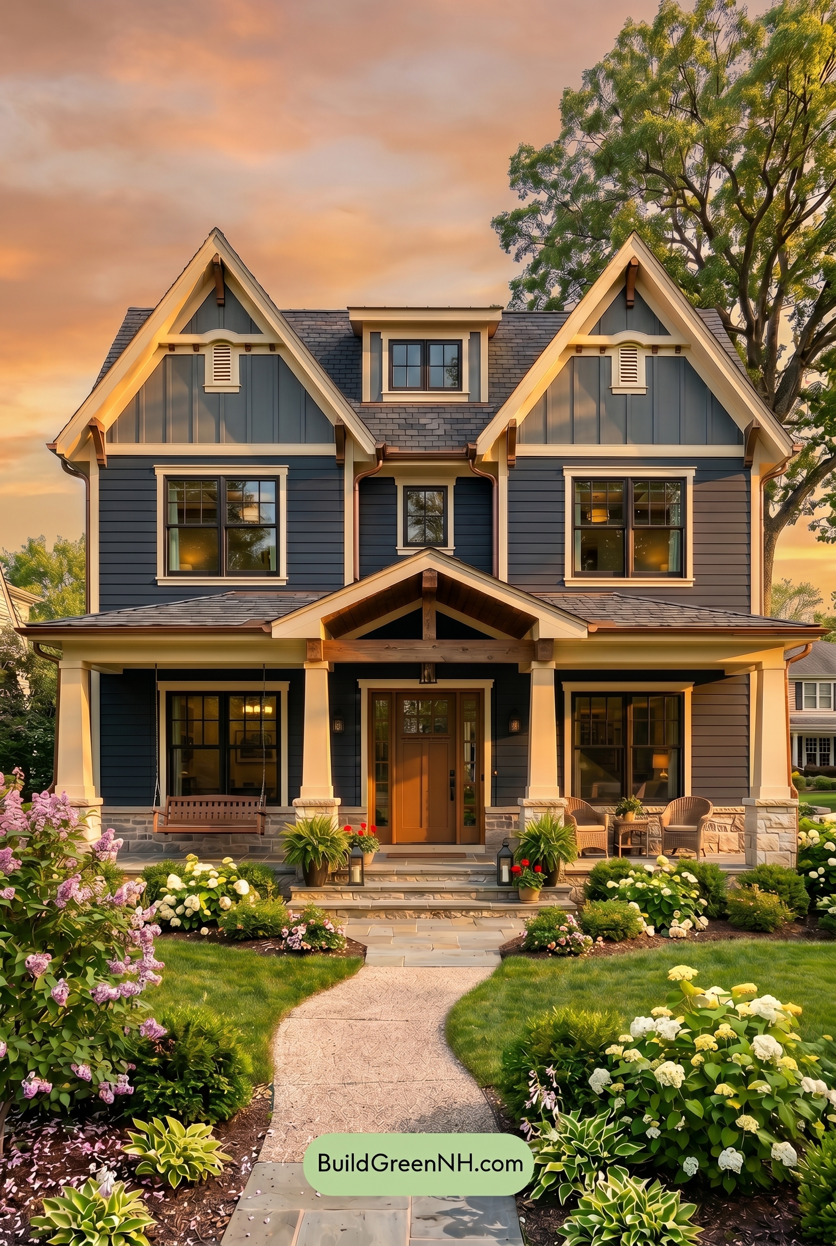 Craftsman Blue Exterior Color Scheme: Ink Blue Hearth - Golden Hour