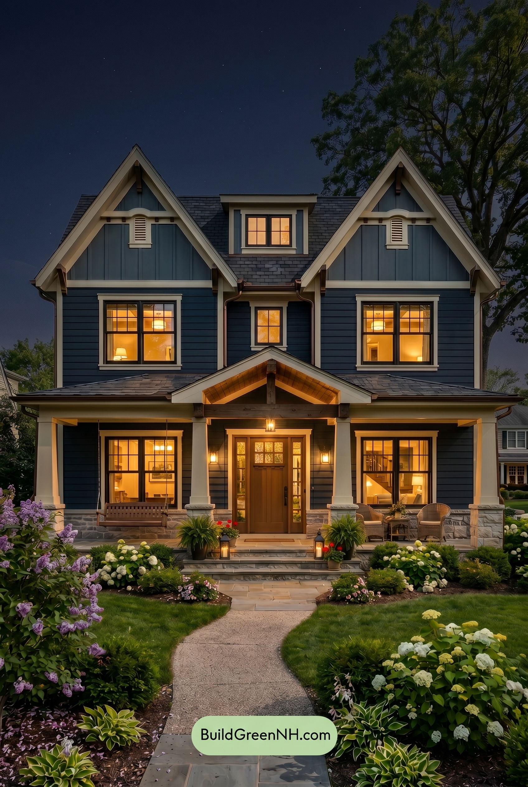 Craftsman Blue Exterior Color Scheme: Ink Blue Hearth - Nighttime