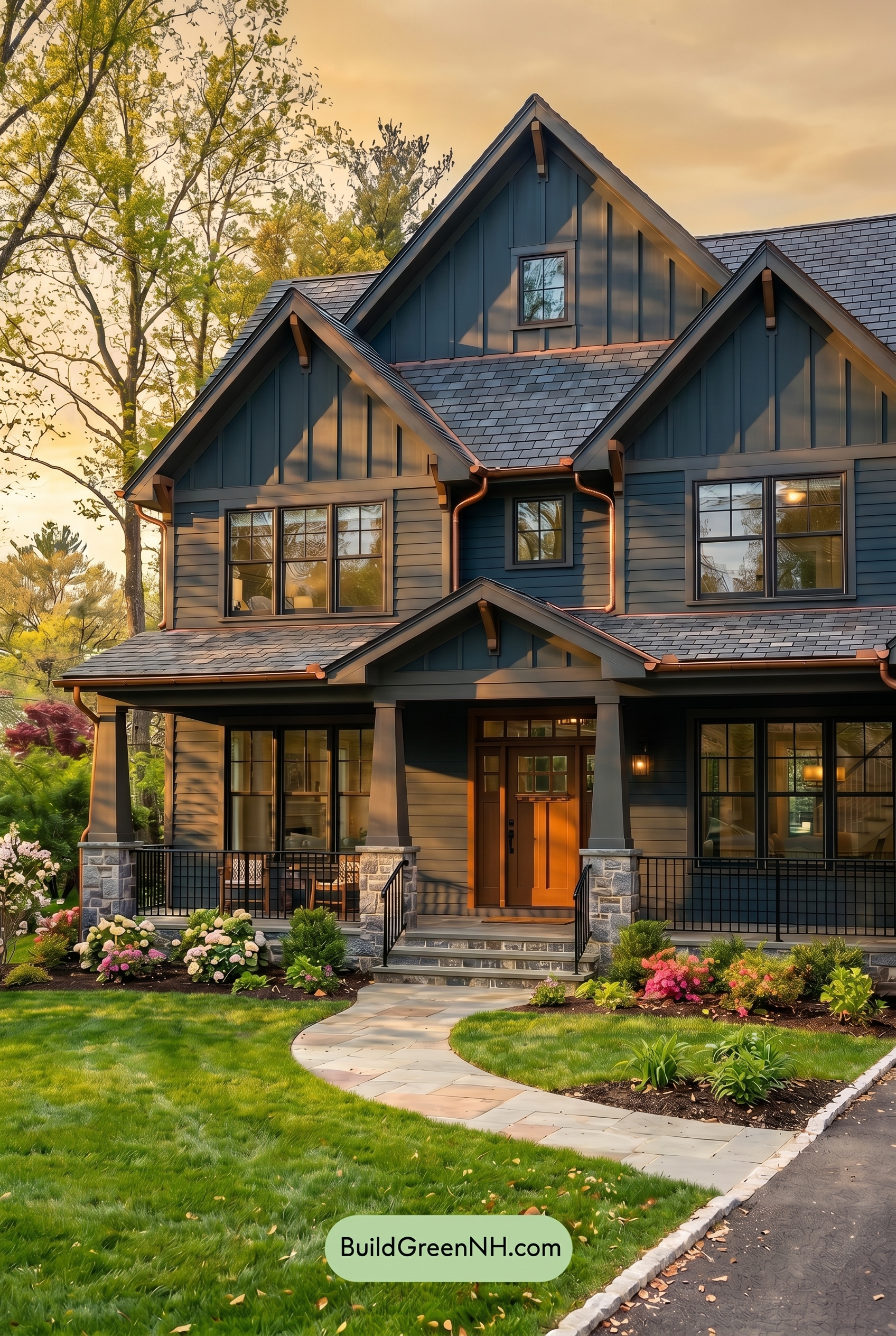 Craftsman Blue Exterior Color Scheme: Midnight Copper Calm - Golden Hour