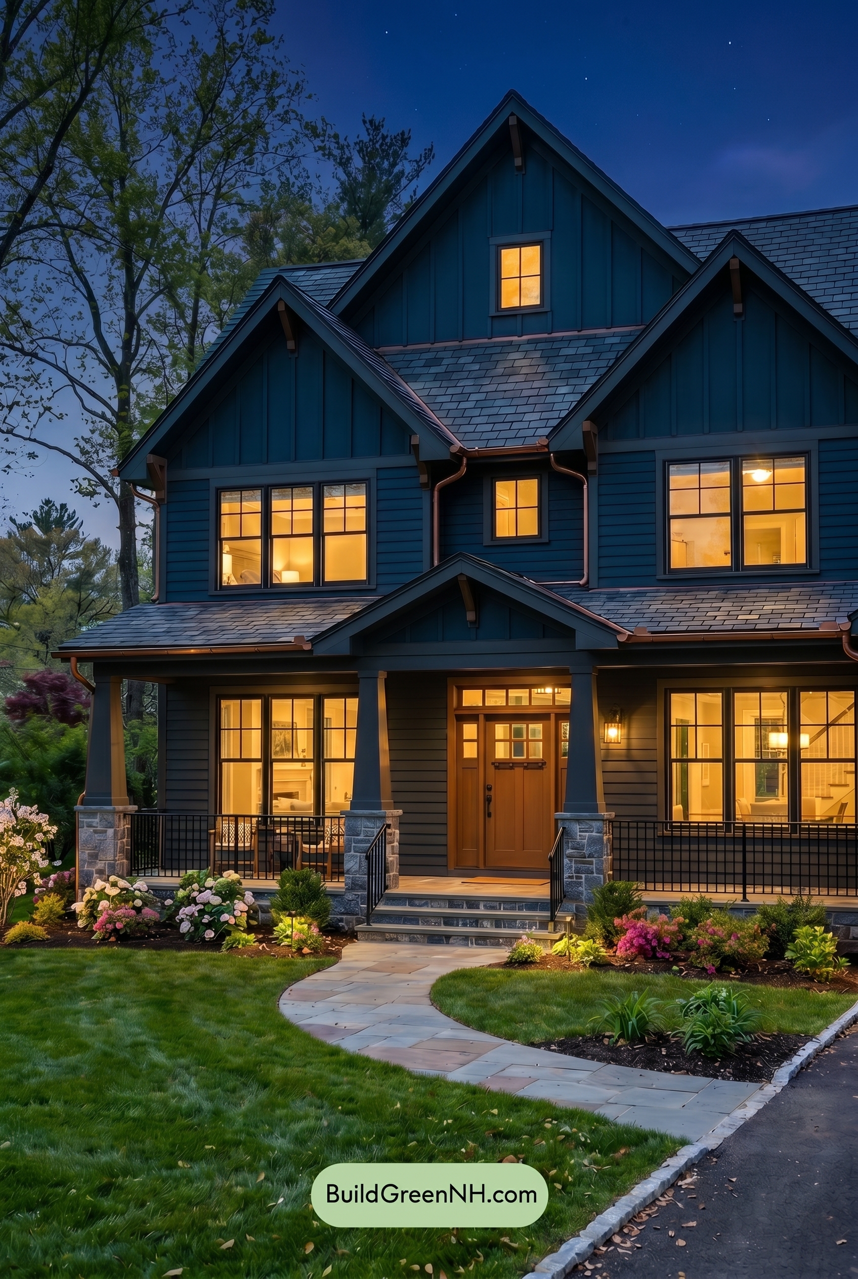 Craftsman Blue Exterior Color Scheme: Midnight Copper Calm - Nighttime