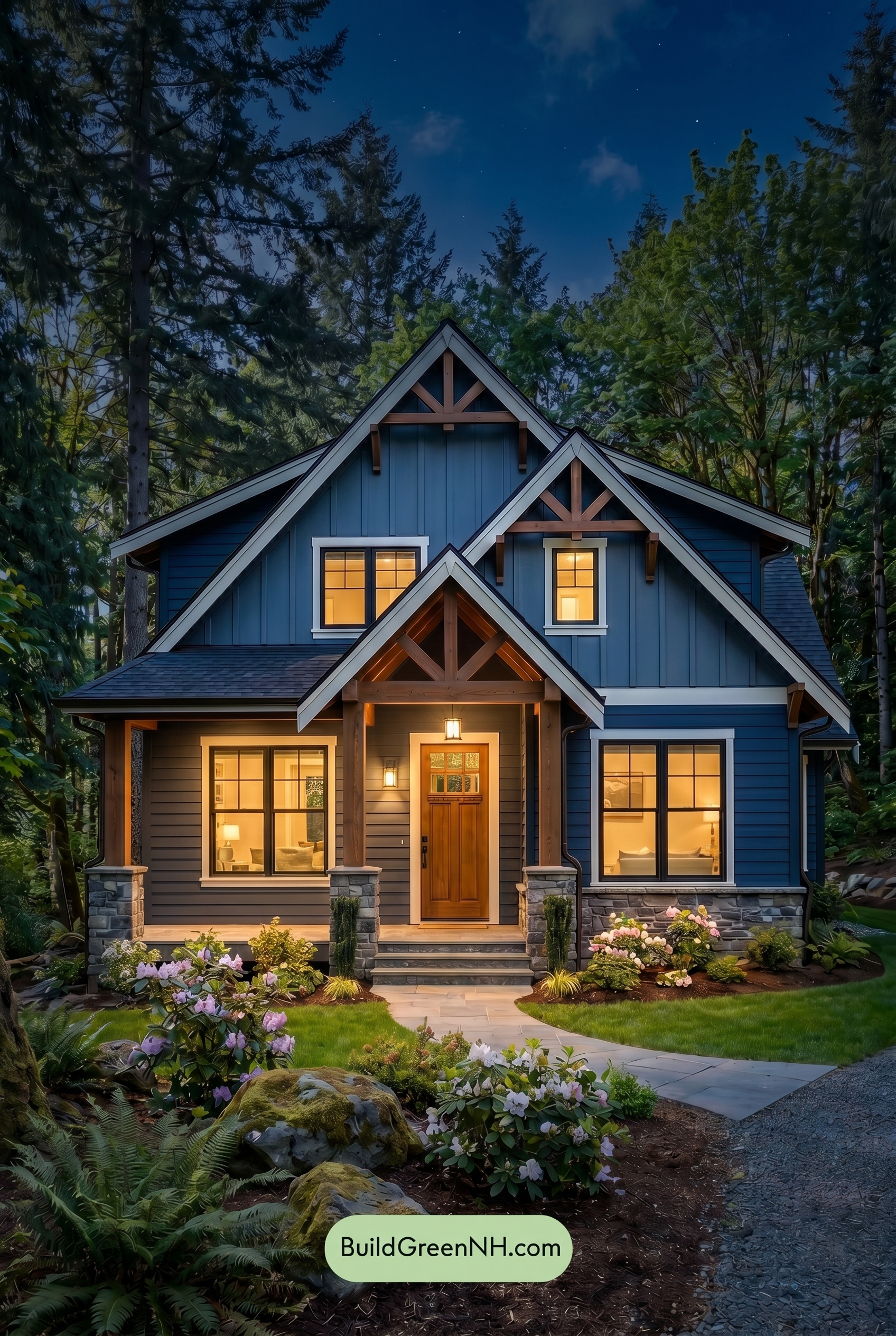 Craftsman Blue Exterior Color Scheme: Navy Cedar Poise - Nighttime