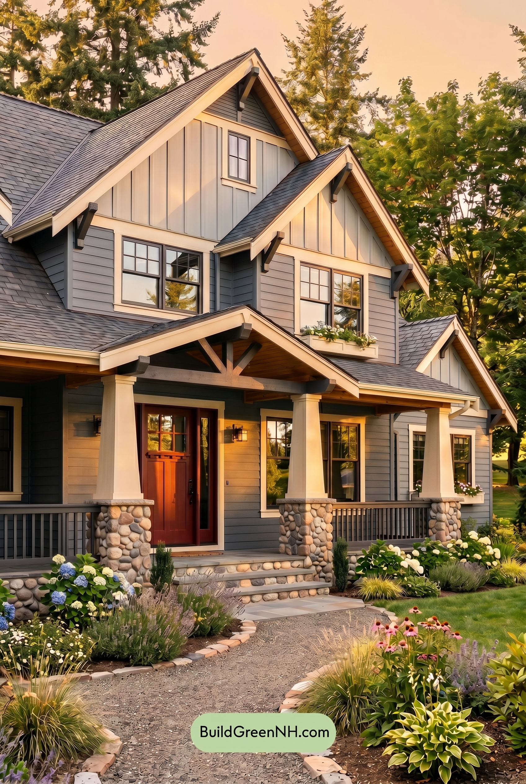 Craftsman Blue Exterior Color Scheme: Pewter Blue Welcome - Golden Hour