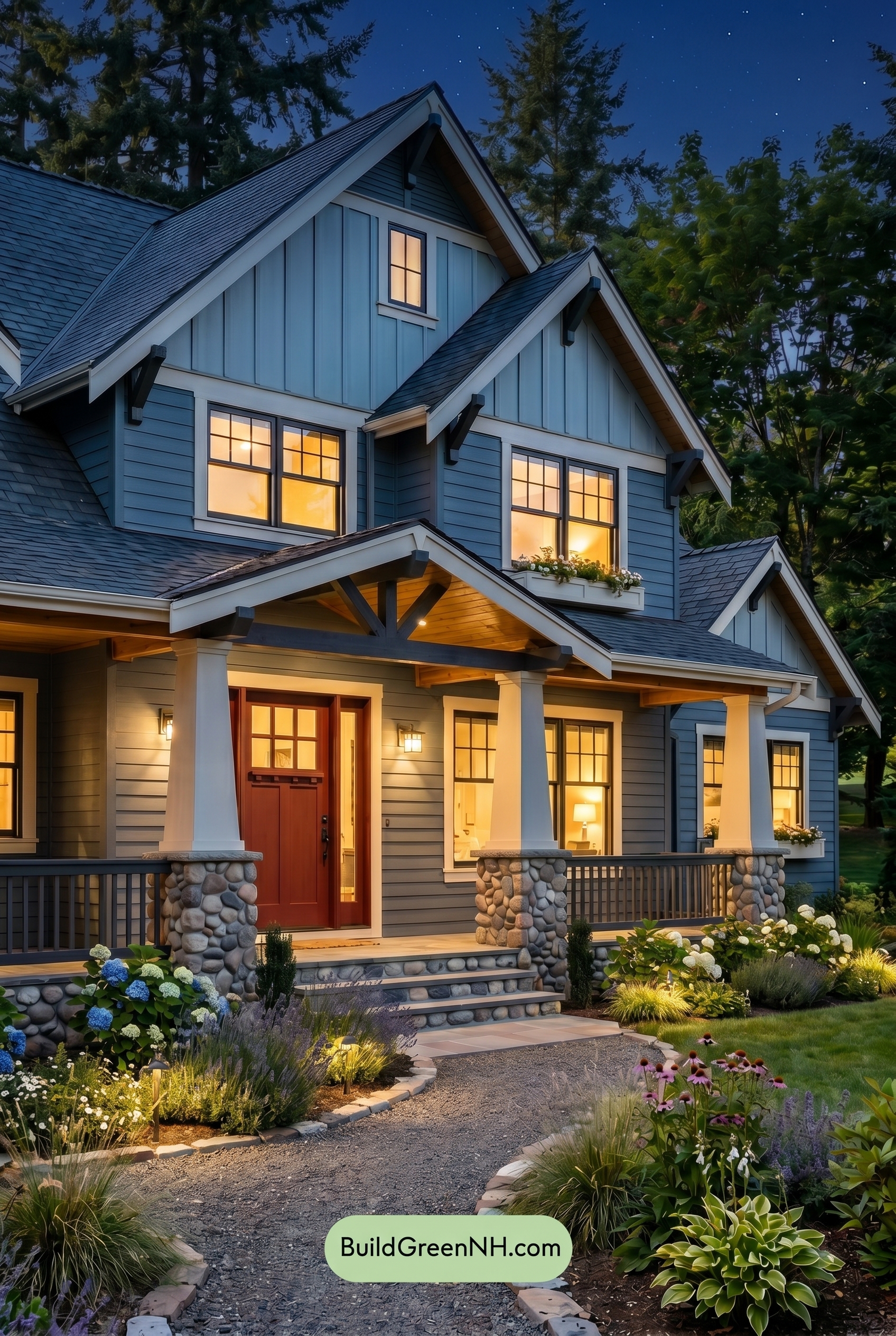 Craftsman Blue Exterior Color Scheme: Pewter Blue Welcome - Nighttime