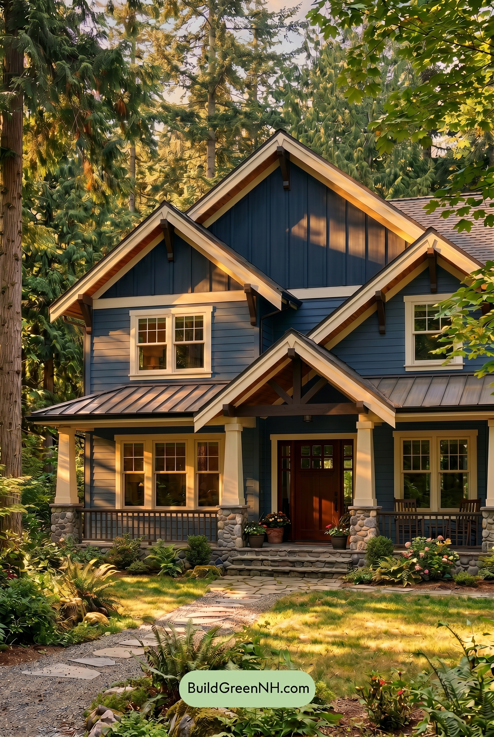 Craftsman Blue Exterior Color Scheme: Prussian Cream Veranda - Golden Hour