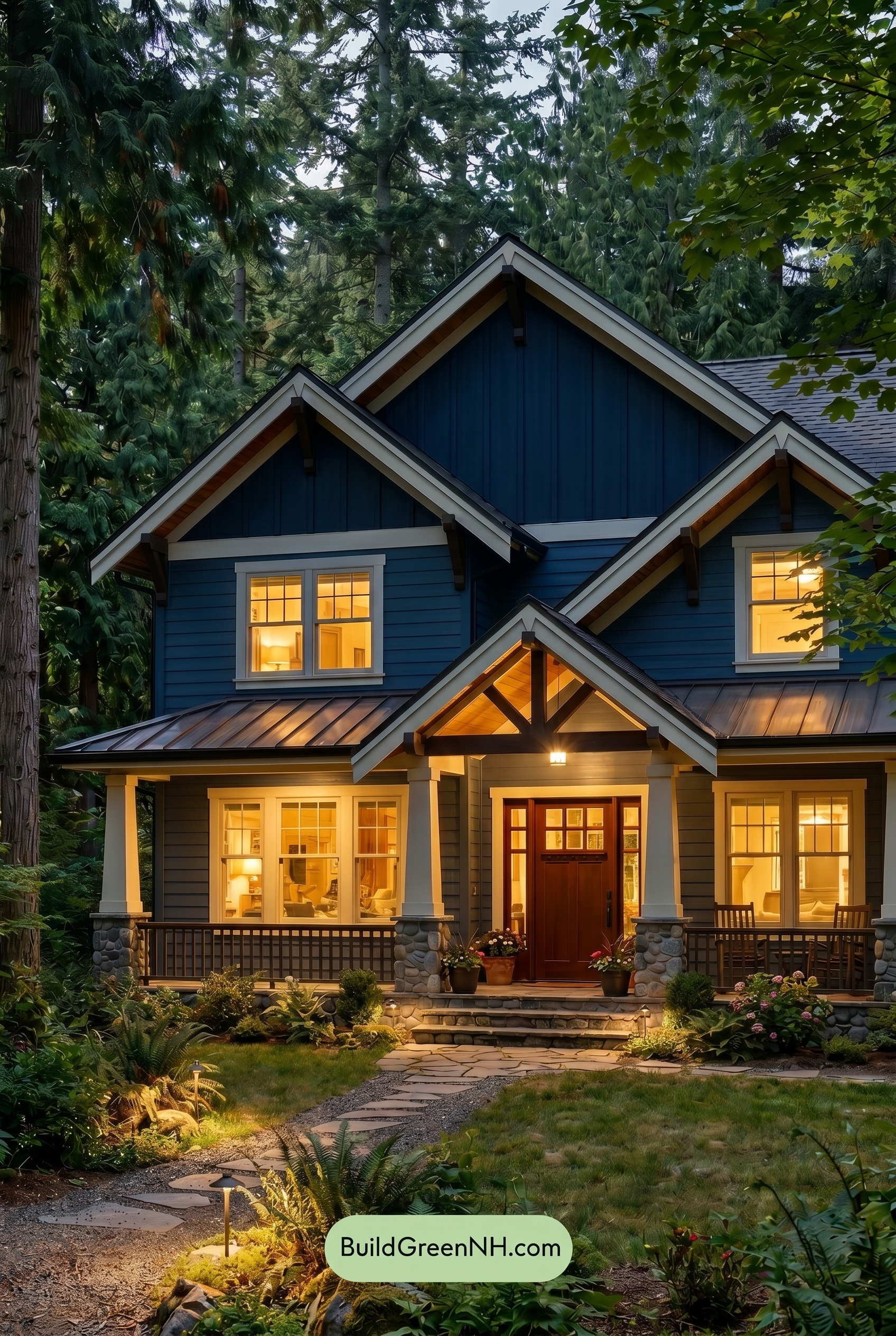 Craftsman Blue Exterior Color Scheme: Prussian Cream Veranda - Nighttime
