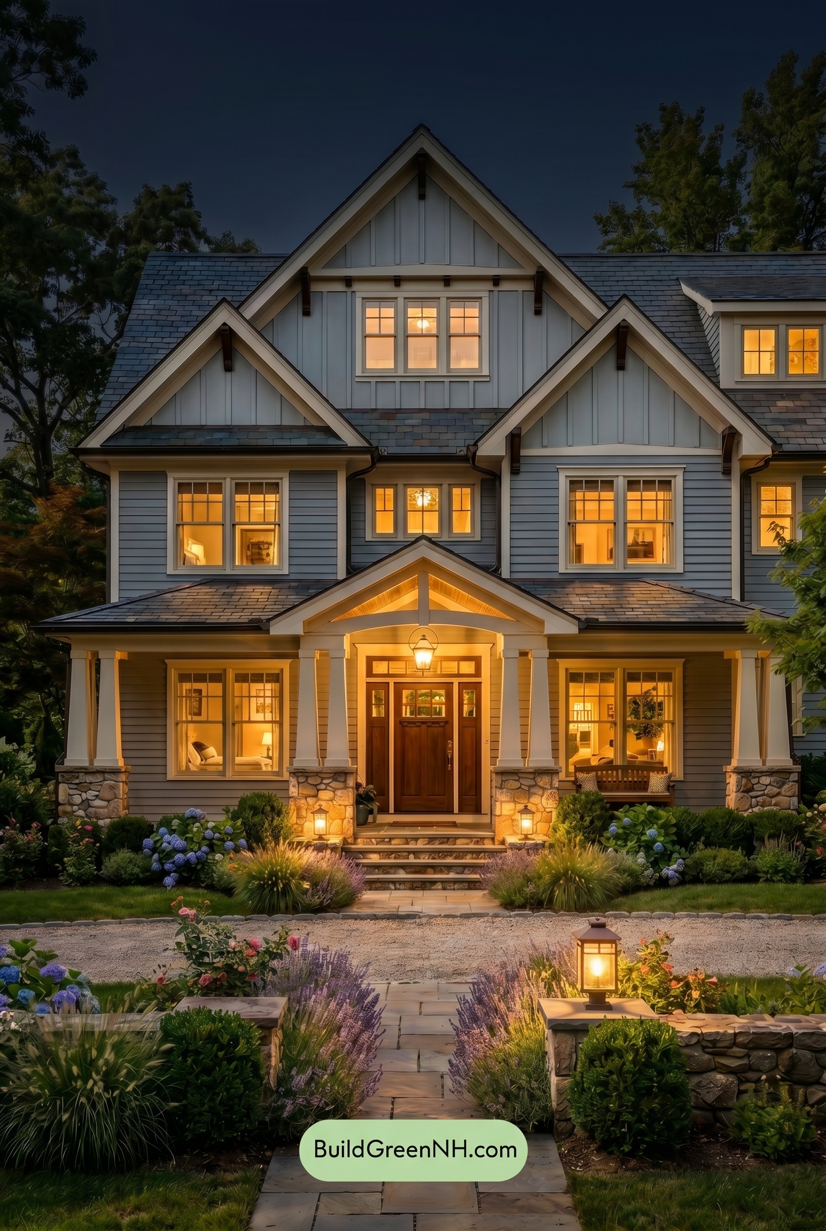 Craftsman Blue Exterior Color Scheme: Soft Blue Timber - Nighttime