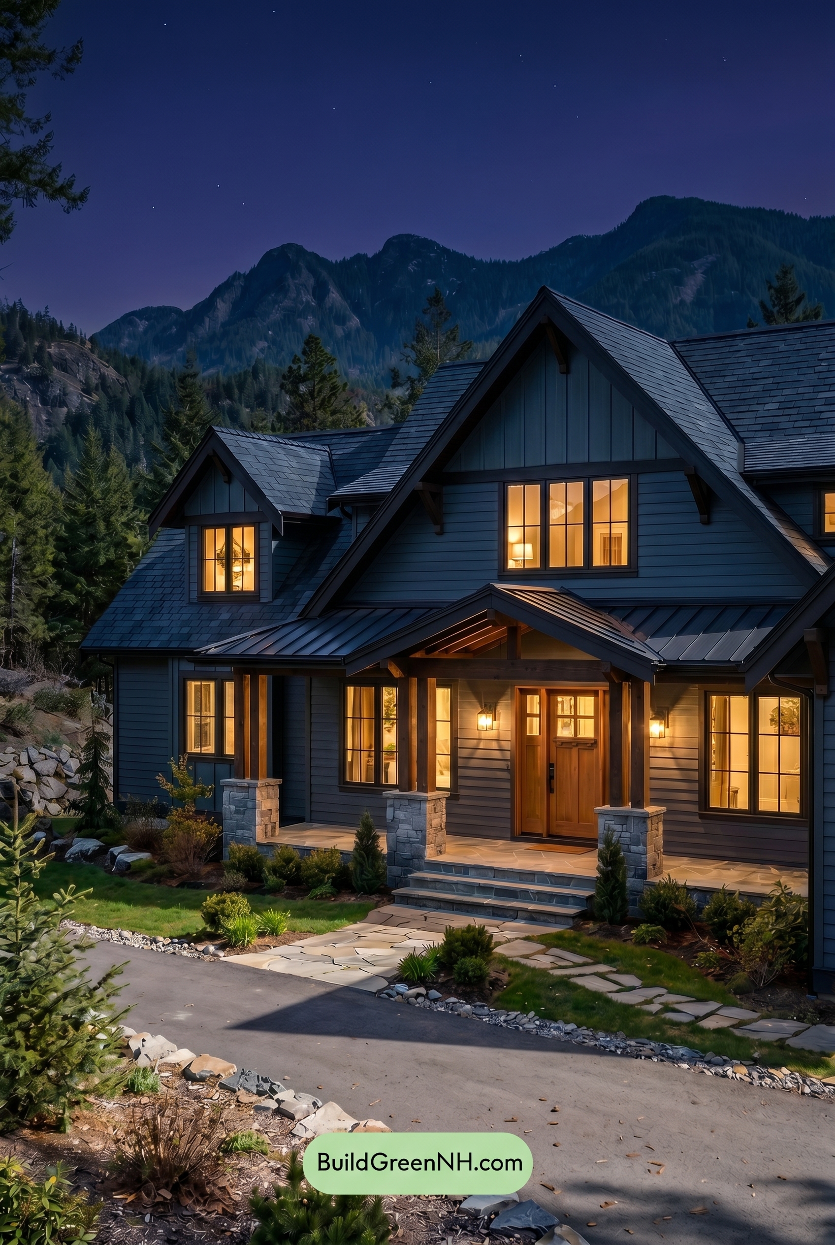 Craftsman Blue Exterior Color Scheme: Storm Slate Warmth - Nighttime