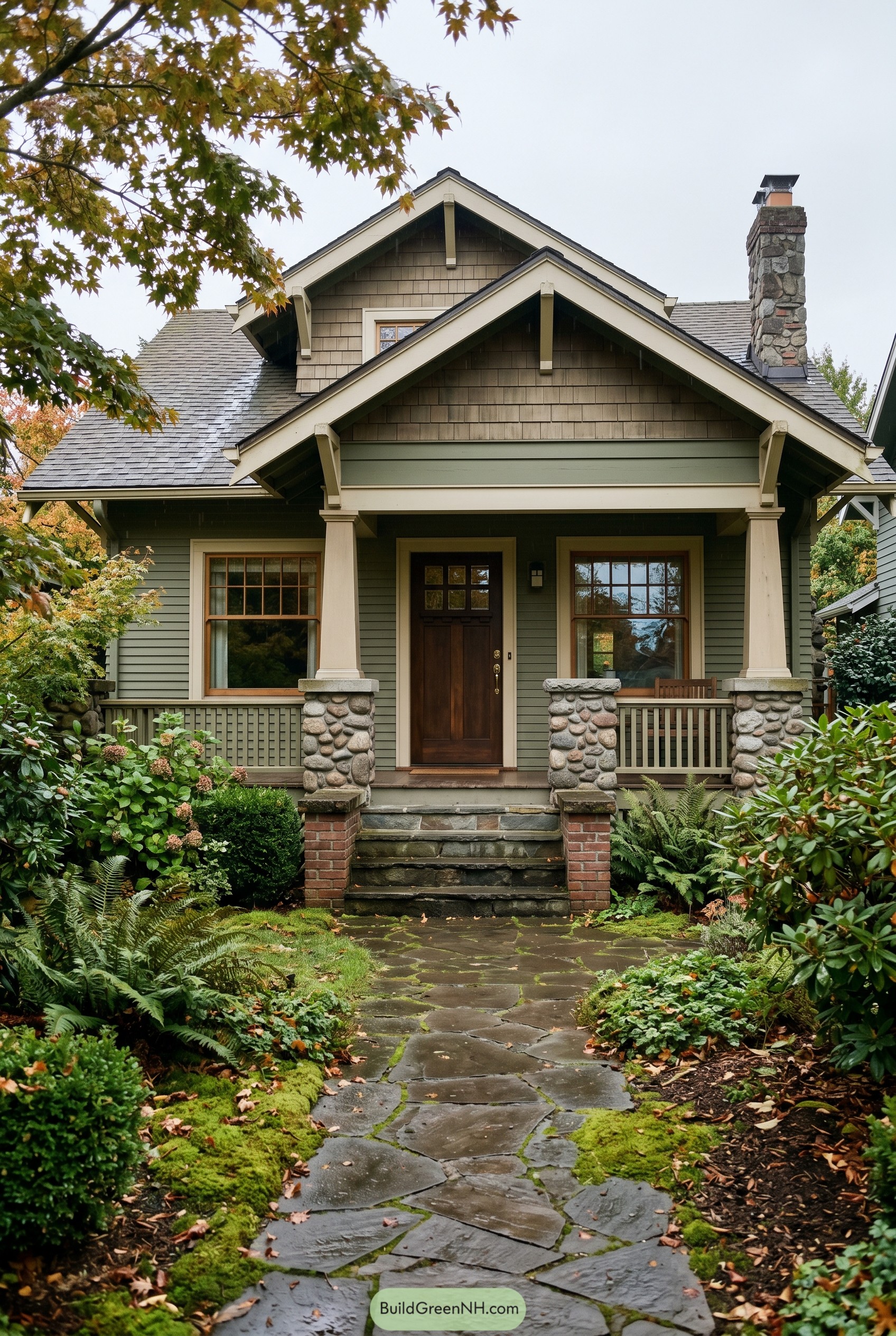 Green craftsman bungalow with stone porch piers