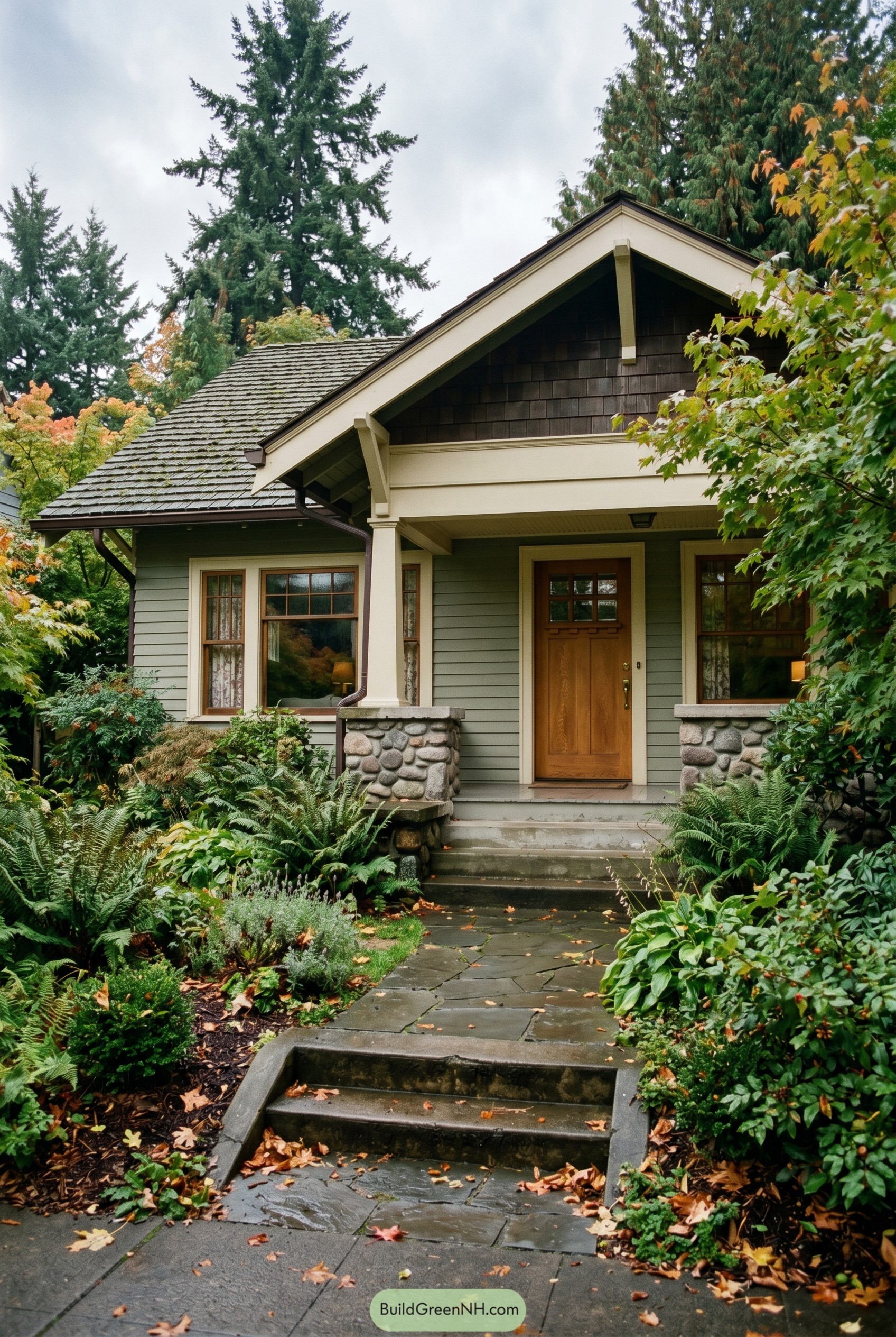 Gray green craftsman bungalow with stone porch piers and a lush woodland path