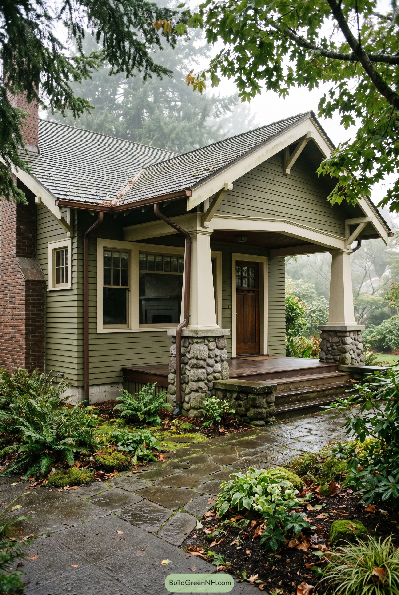 Green Craftsman bungalow with stone porch piers