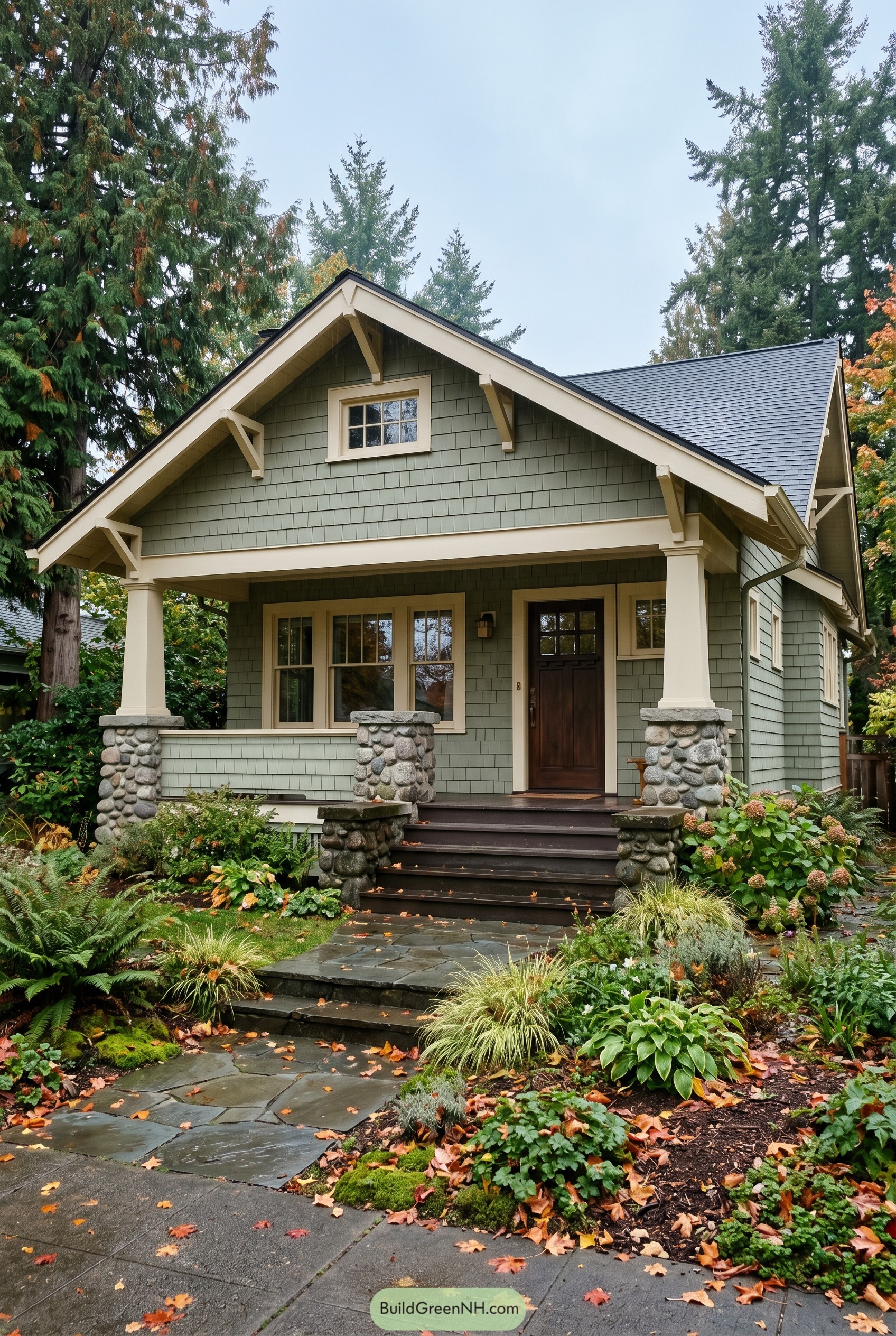 Green craftsman bungalow with stone porch columns and slate walkway