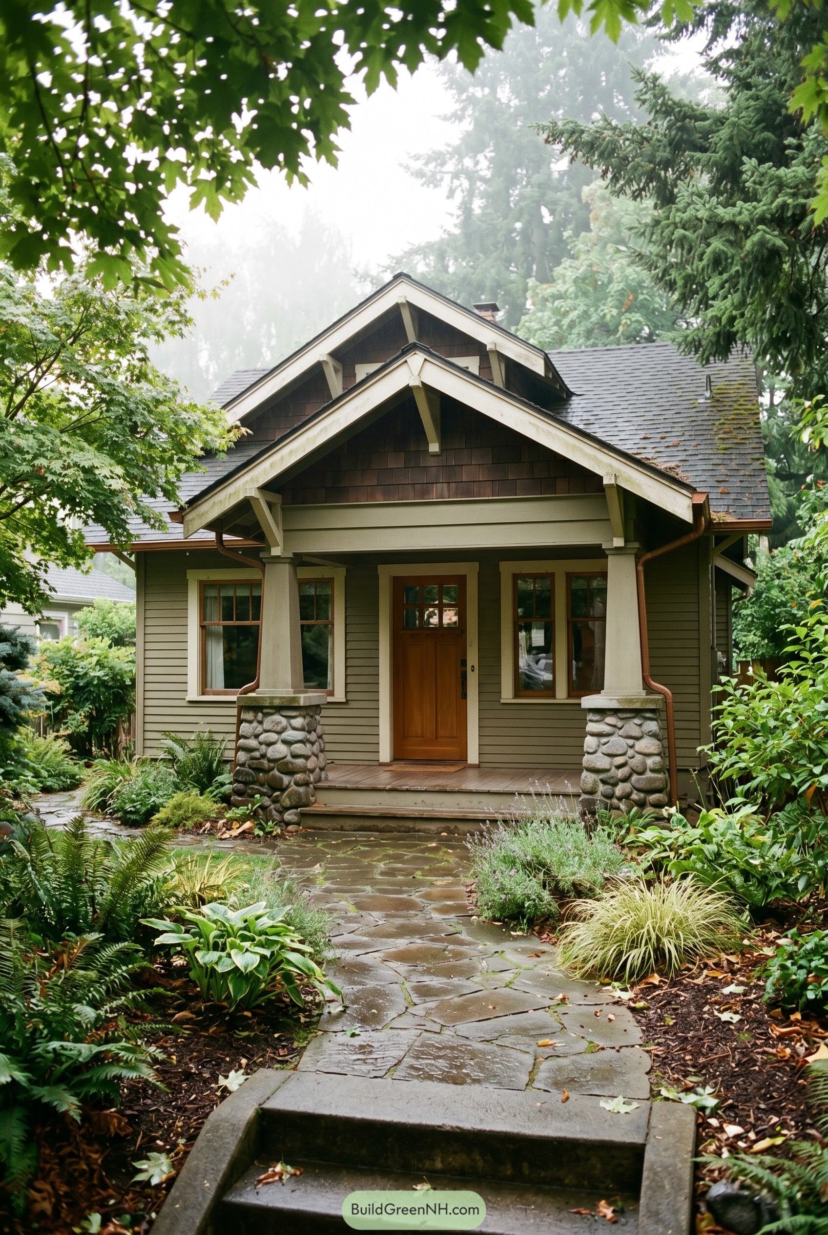 Craftsman bungalow with river rock porch piers and lush stone path