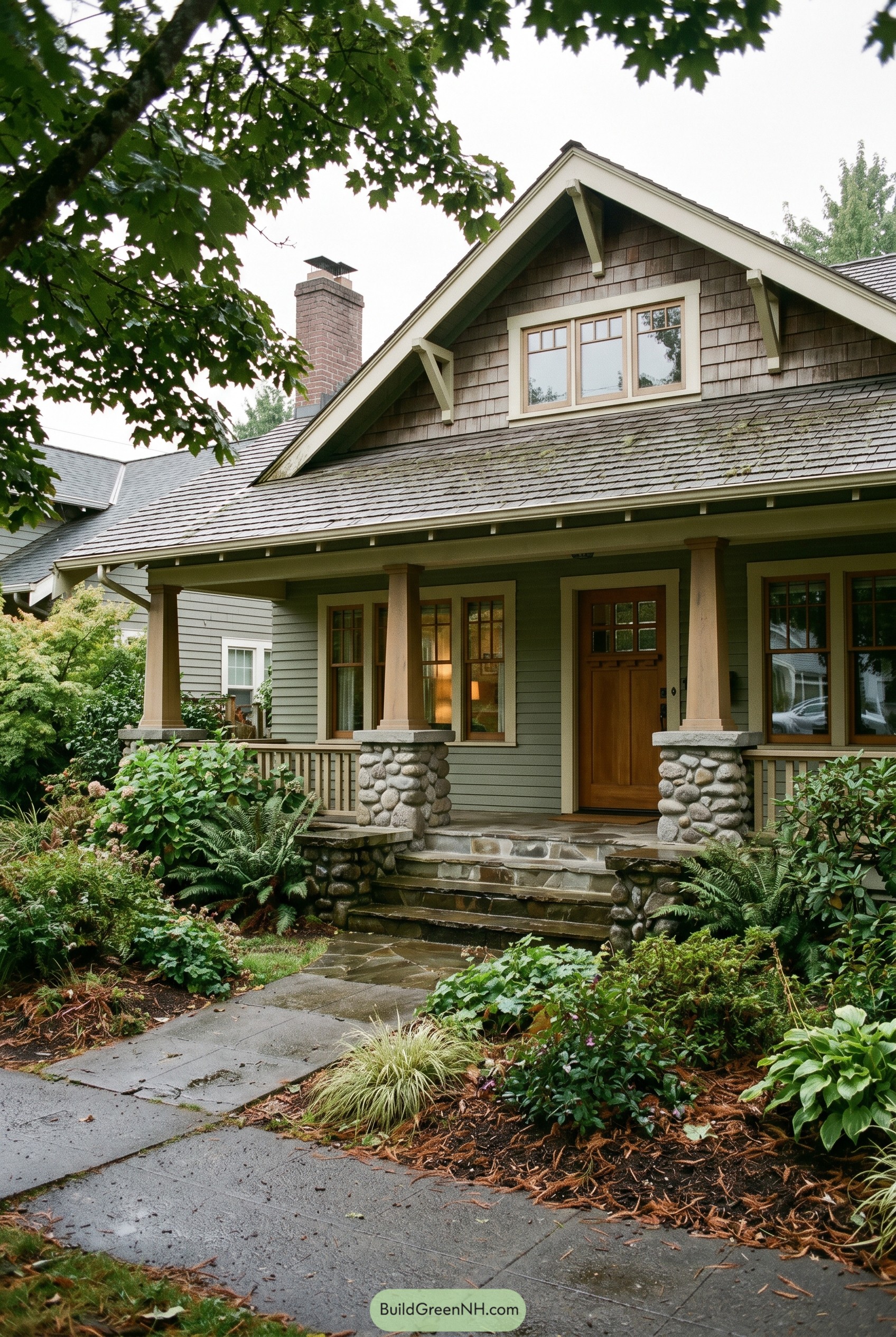 Green bungalow exterior with stone porch piers