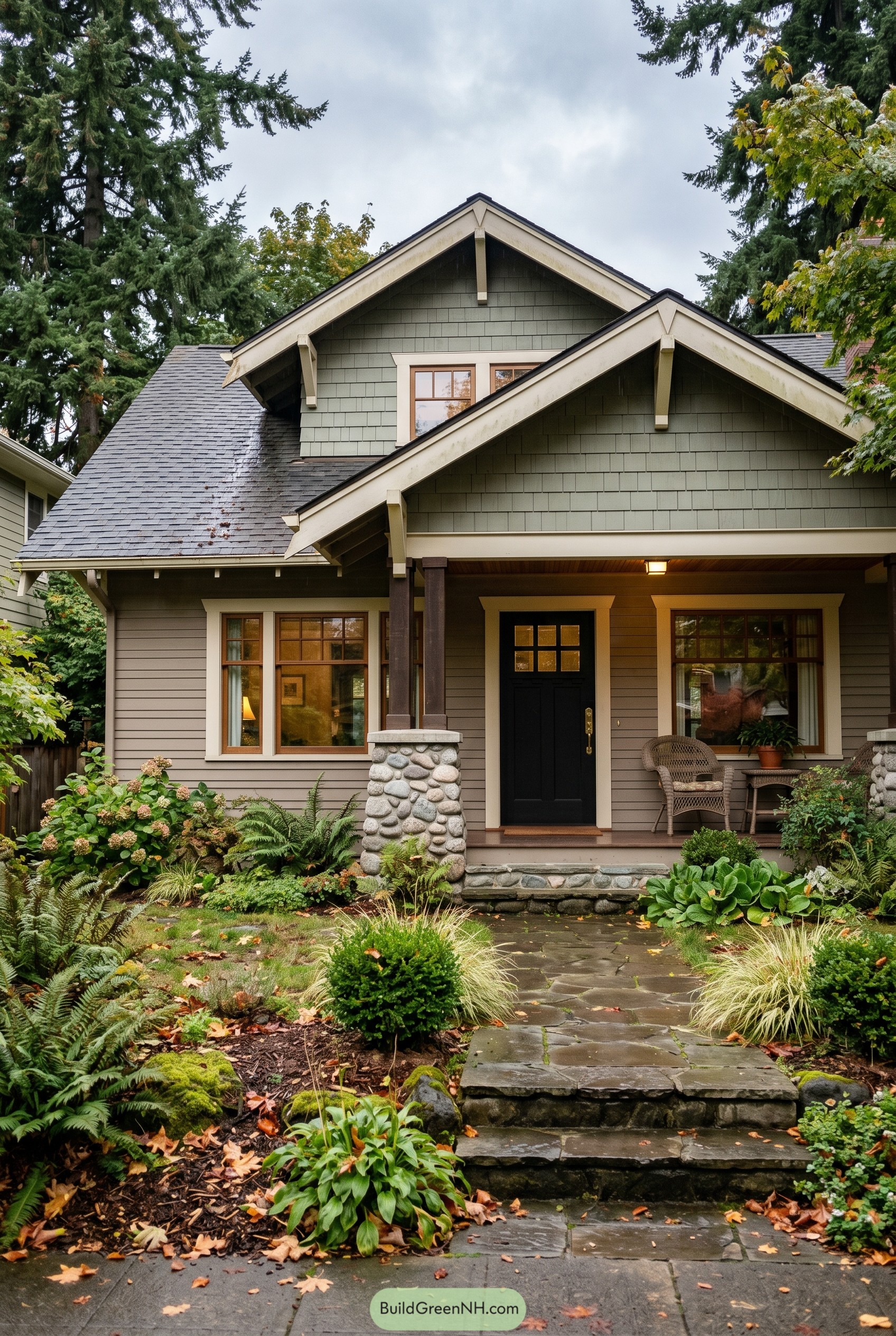 Craftsman home with stone porch columns