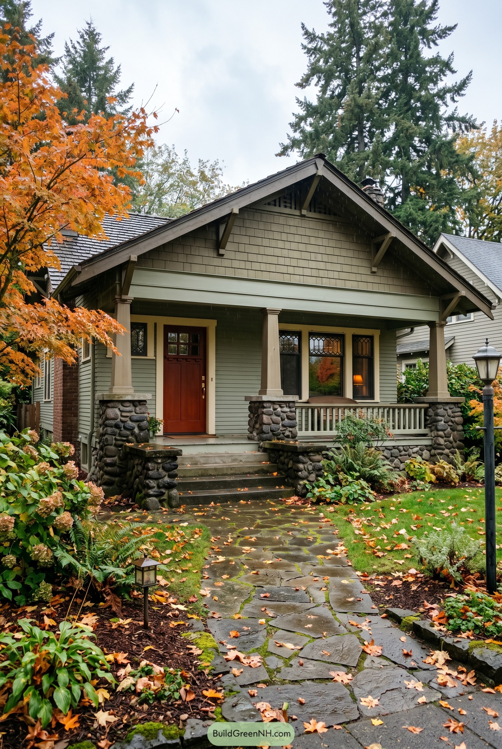 Craftsman bungalow with stone porch piers and red door