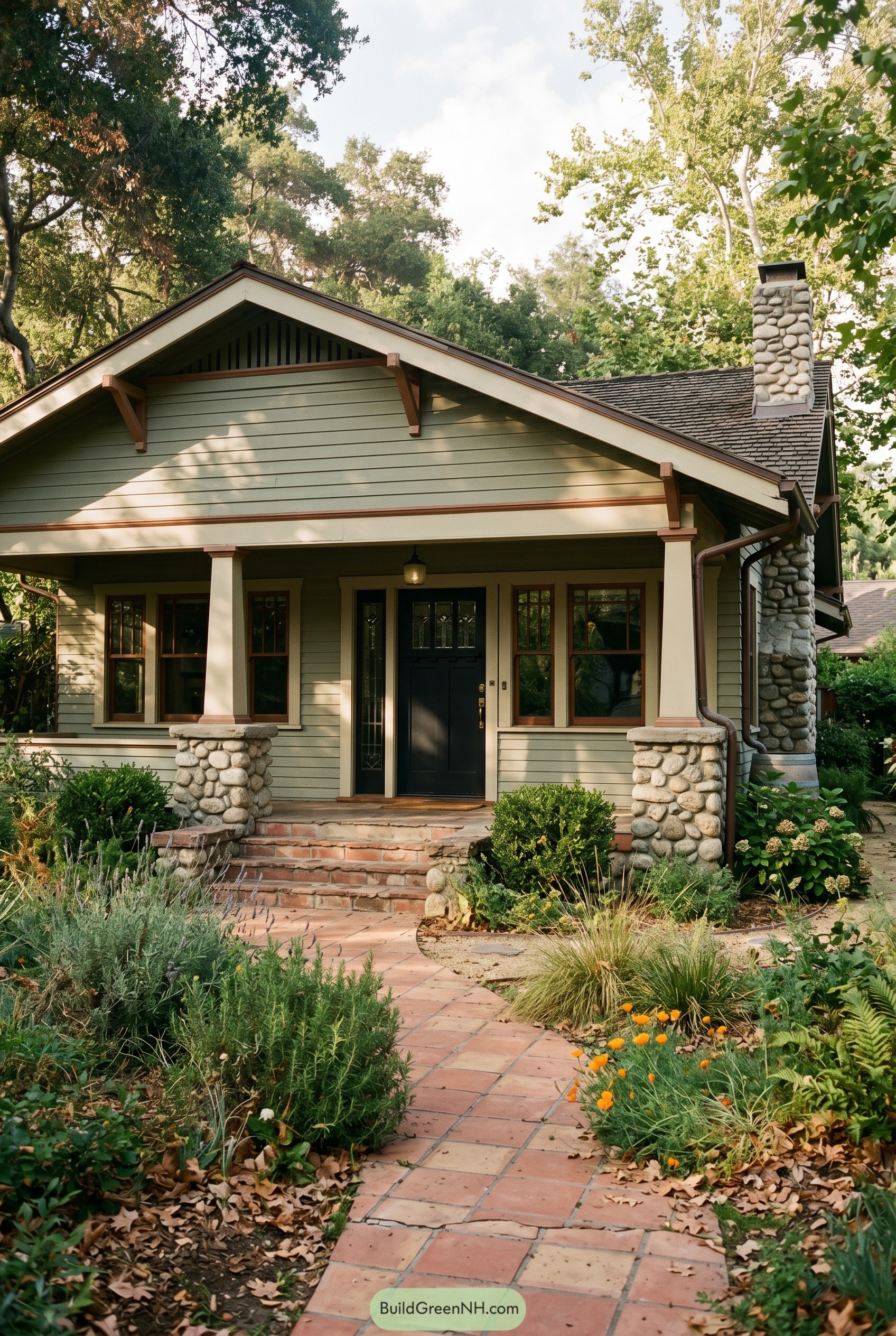 Craftsman bungalow with stone porch columns and chimney