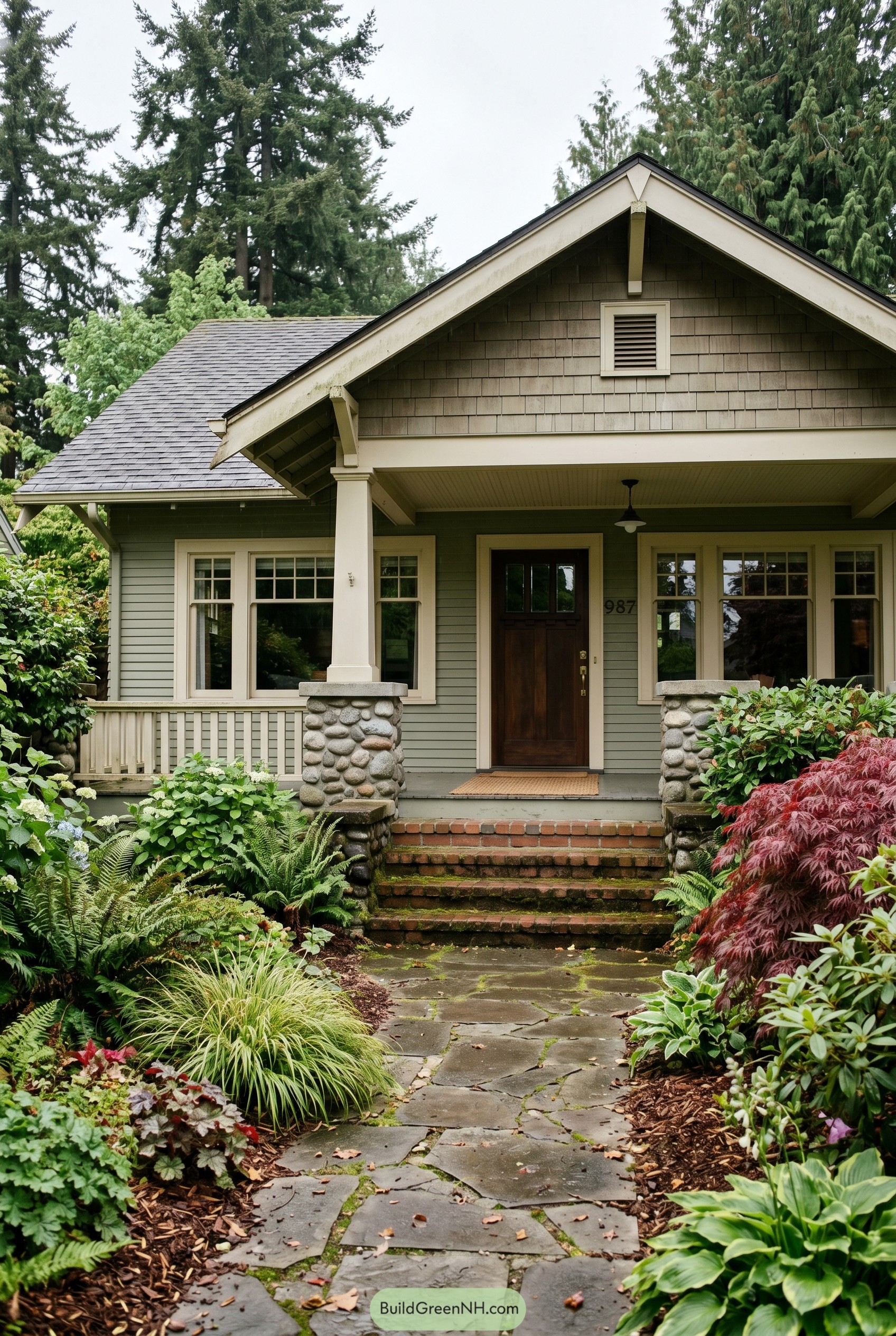 Gray craftsman bungalow with river stone porch piers