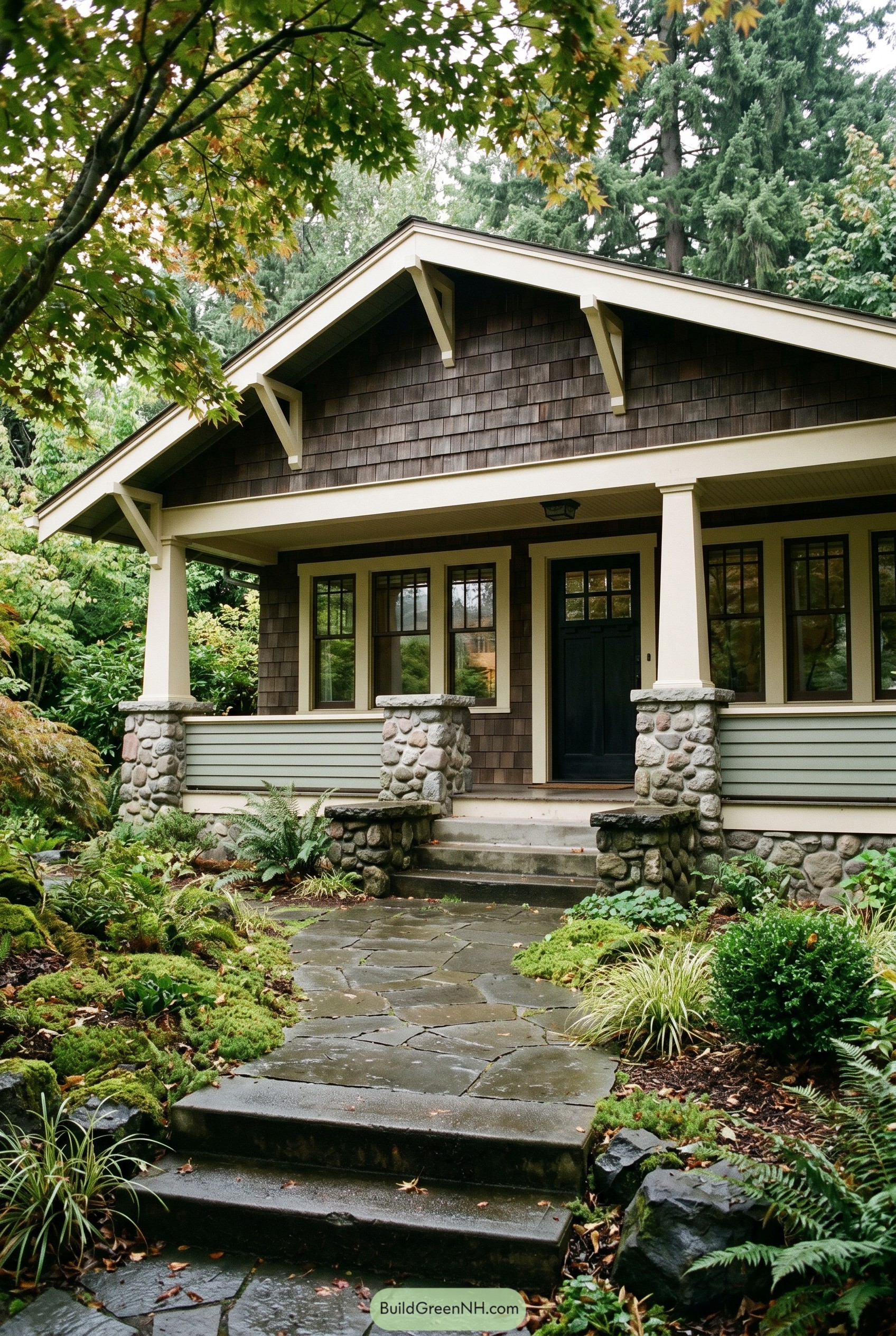 Craftsman bungalow with stone porch piers and slate path