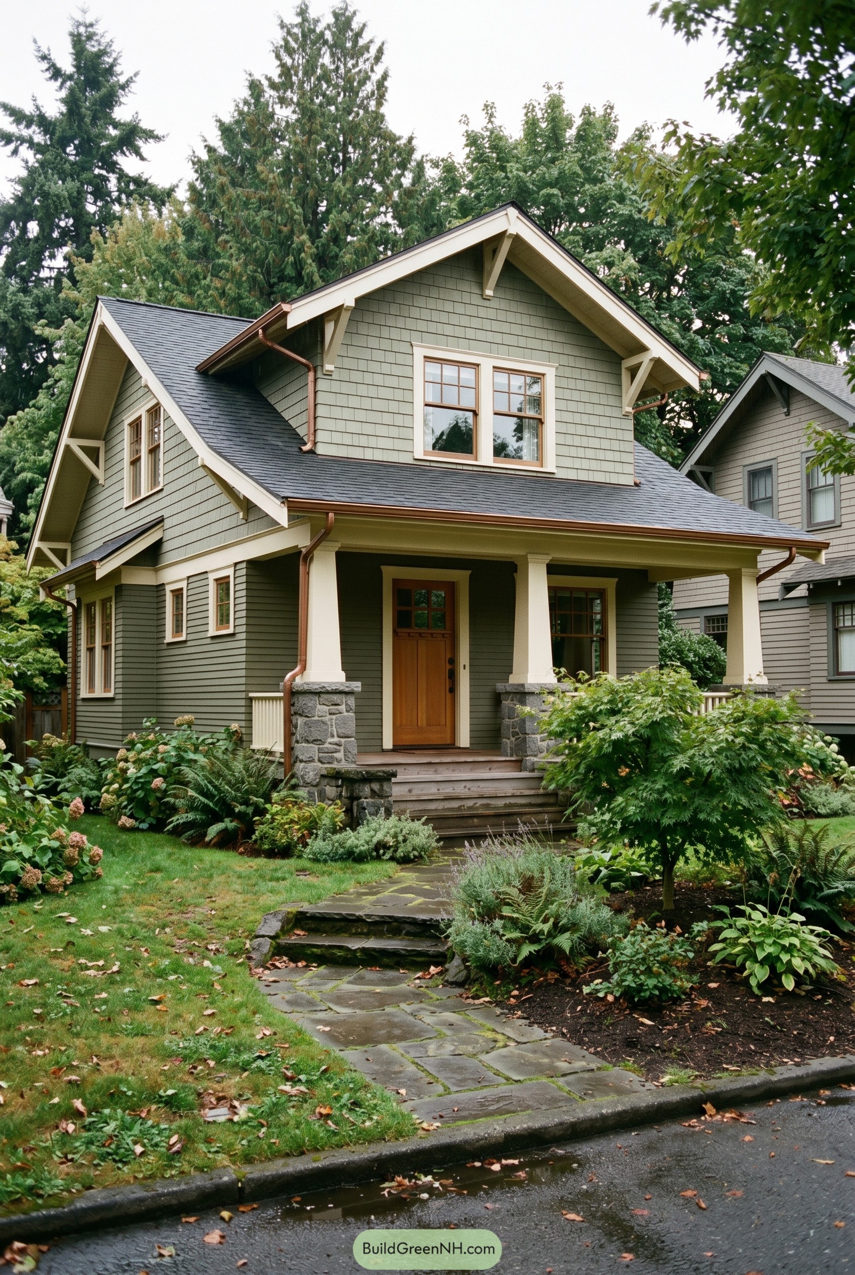 Green craftsman bungalow with stone porch