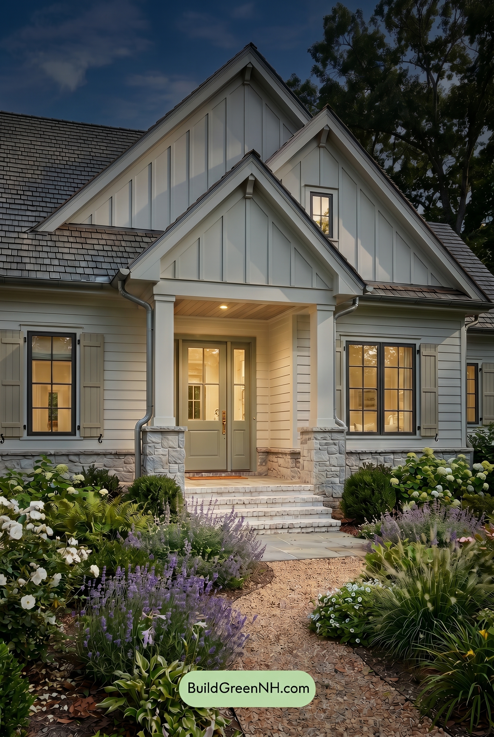 Craftsman White Color Scheme: Cool White Sage - Nighttime