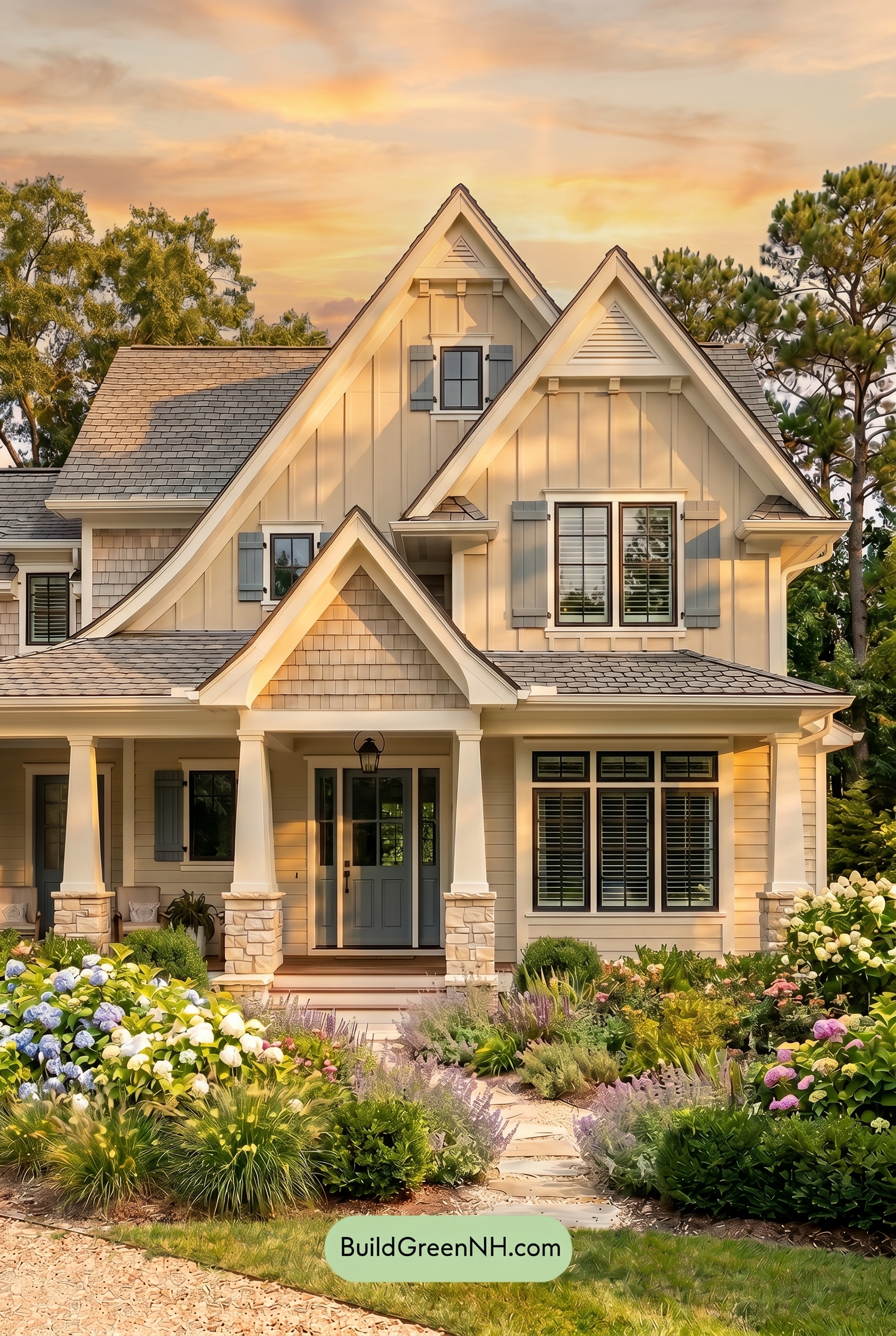 Craftsman White Color Scheme: Cream Blue Porch - Golden Hour
