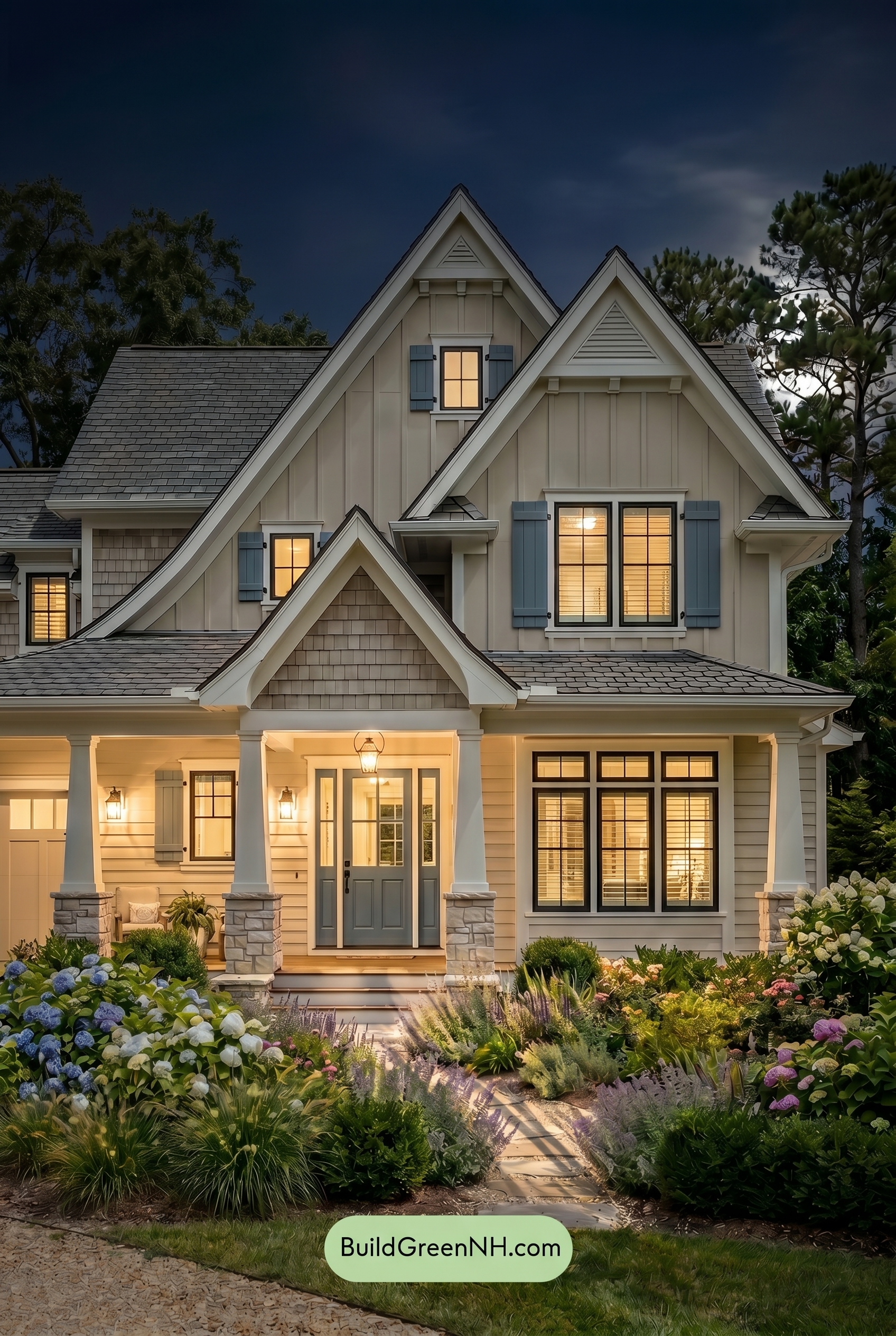Craftsman White Color Scheme: Cream Blue Porch - Nighttime