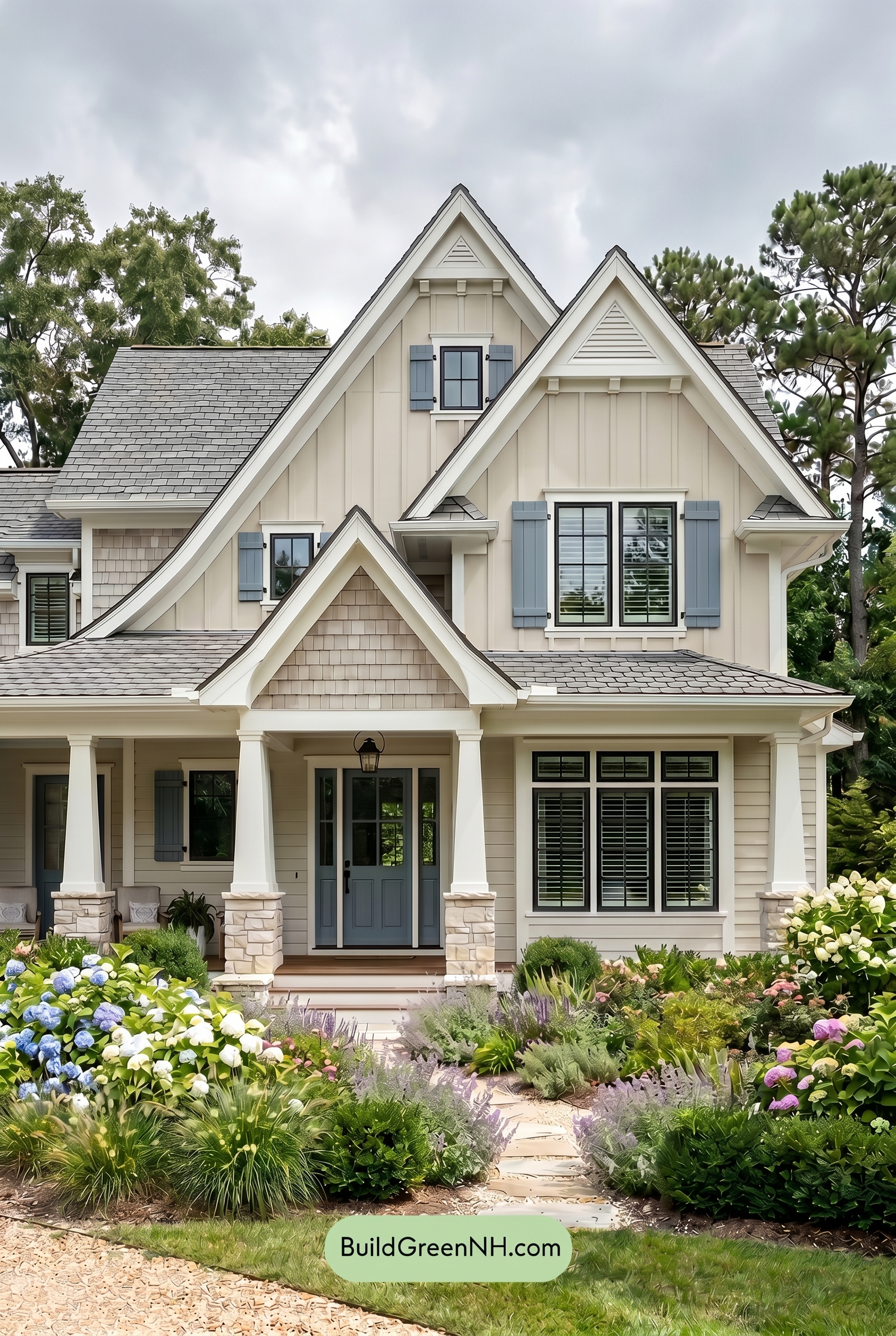 Craftsman White Color Scheme: Cream Blue Porch - Overcast